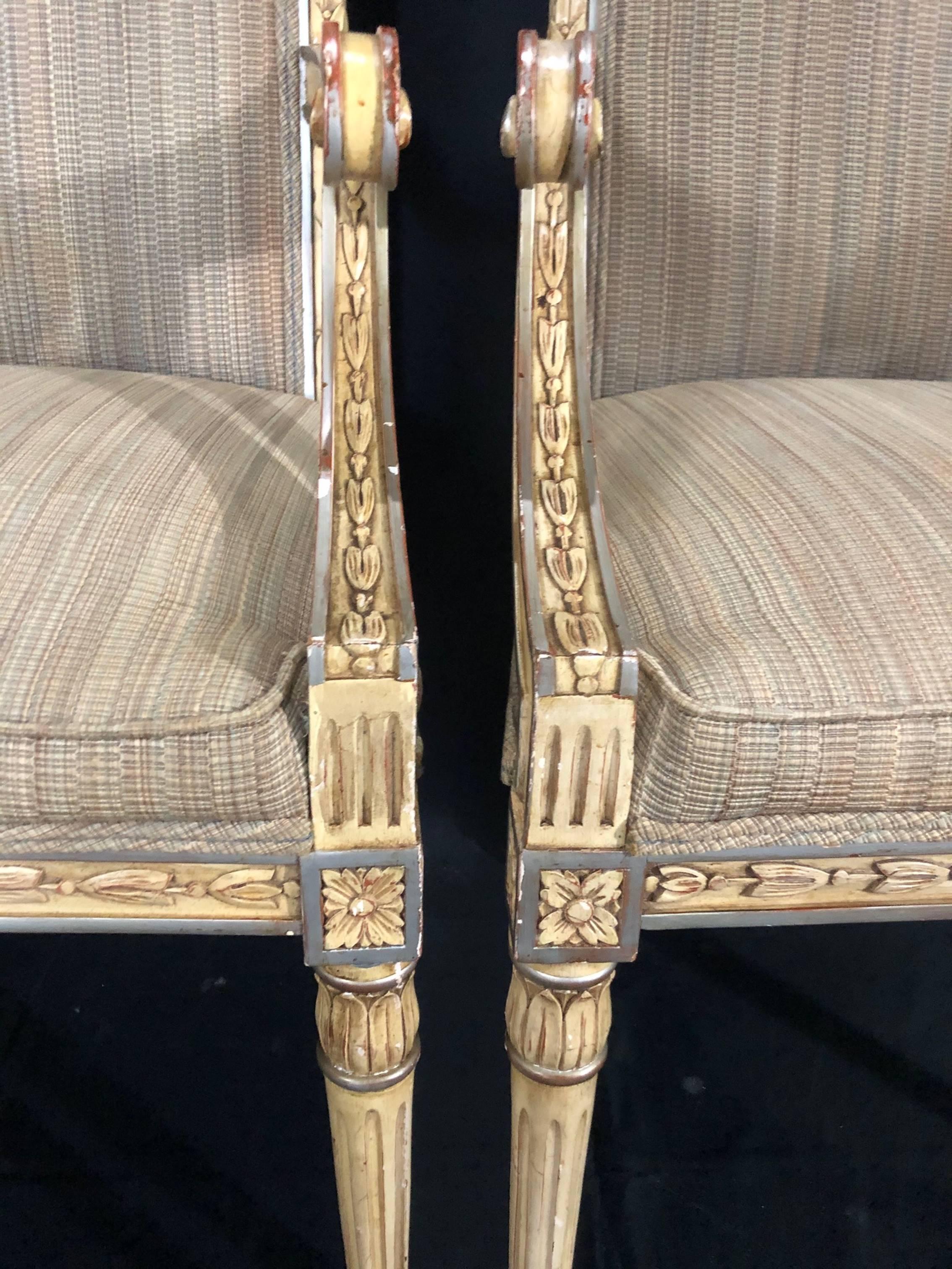 Mid-20th Century Stunning Pair of Louis XVI Style Painted and Upholstered Neoclassical Armchairs