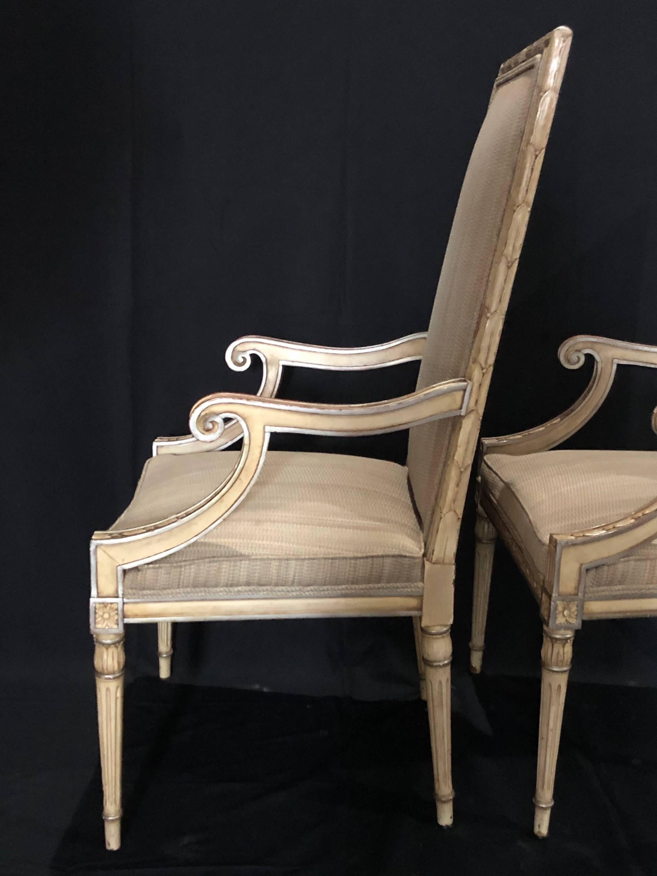 Stunning Pair of Louis XVI Style Painted and Upholstered Neoclassical Armchairs 2