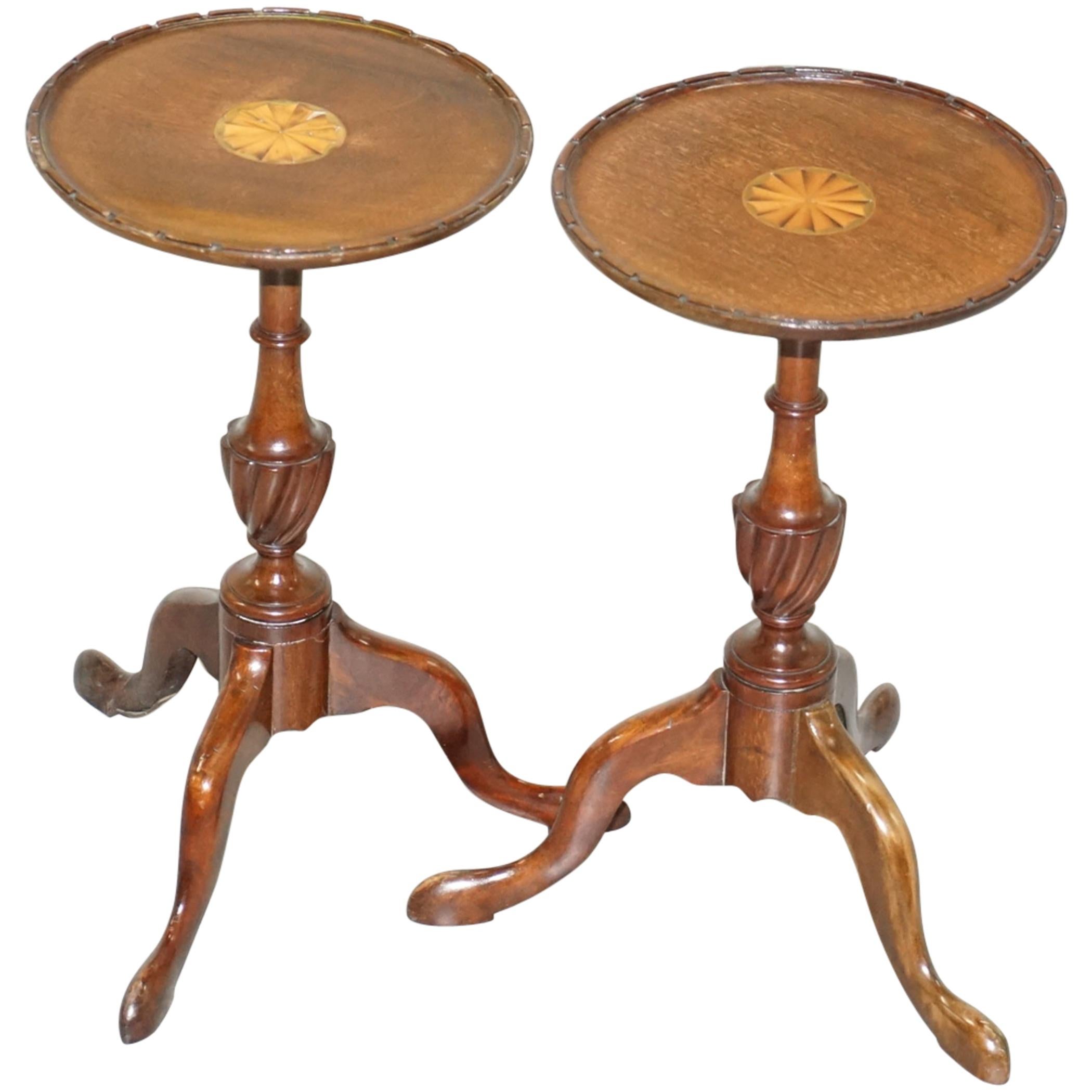 Stunning Pair of Hardwood Sheraton Revival Tripod Side End Lamp Wine Tables