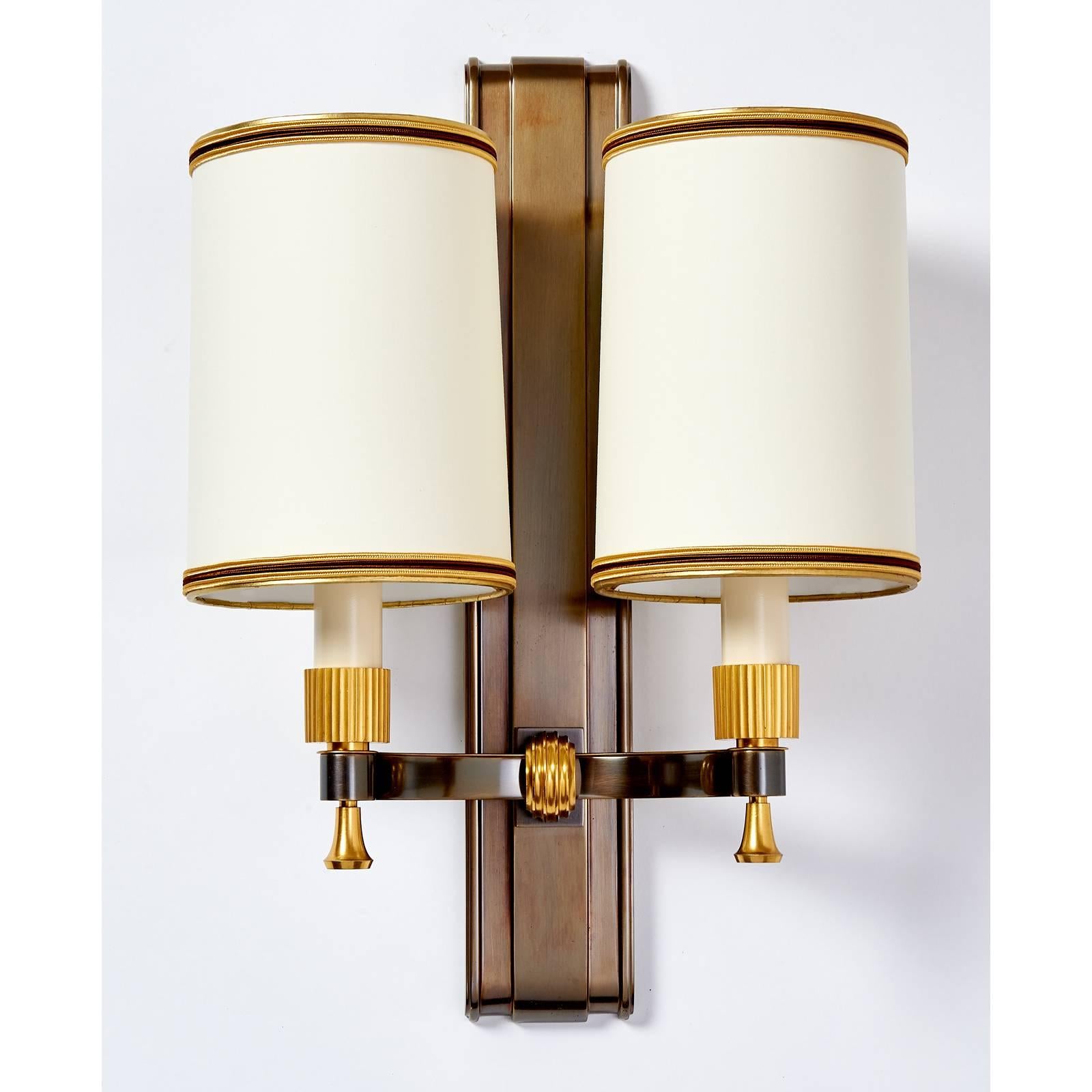 French Set of Four Maxime Old Gilt and Oxidized Bronze Sconces