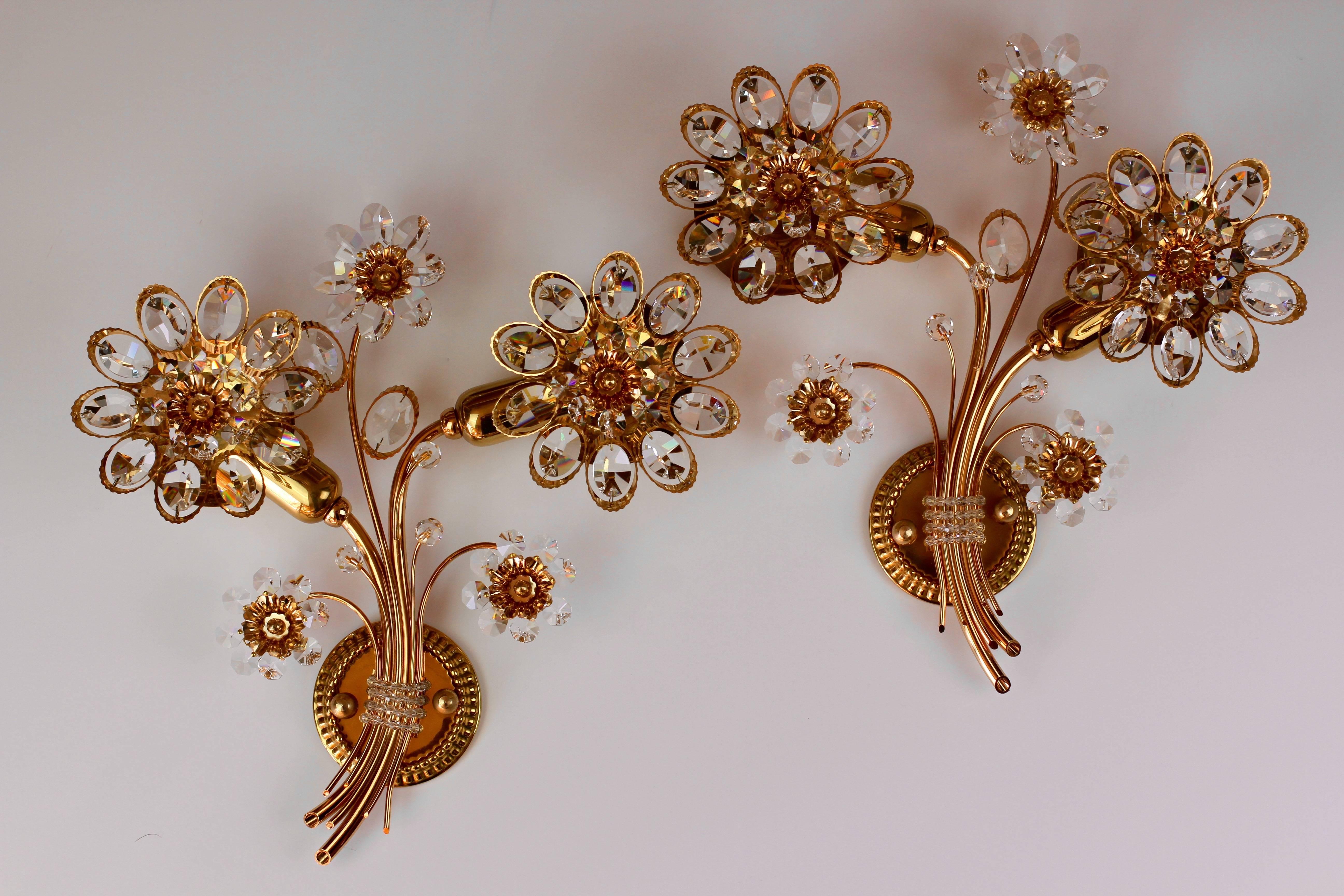 Brass Stunning Pair of Midcentury Flower Crystal and Wall Lights/Sconces by Palwa For Sale