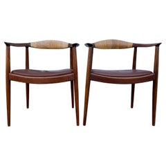 Stunning Pair of Mid-Century Modern Oak Leather Armchairs Style of Hans Wegner 
