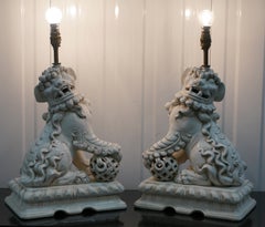 Stunning Pair of Midcentury Ceramic Chinese Lion Foo Dog Guardians Table Lamps