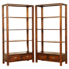 Stunning Pair of Military Campaign Style Bookcases with 2 Drawers