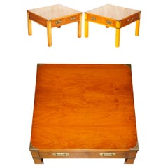 STUNNING PAIR OF MILITARY CAMPAIGN STYLE YEW WOOD SINGLE DRAWER SIDE END TABLEs
