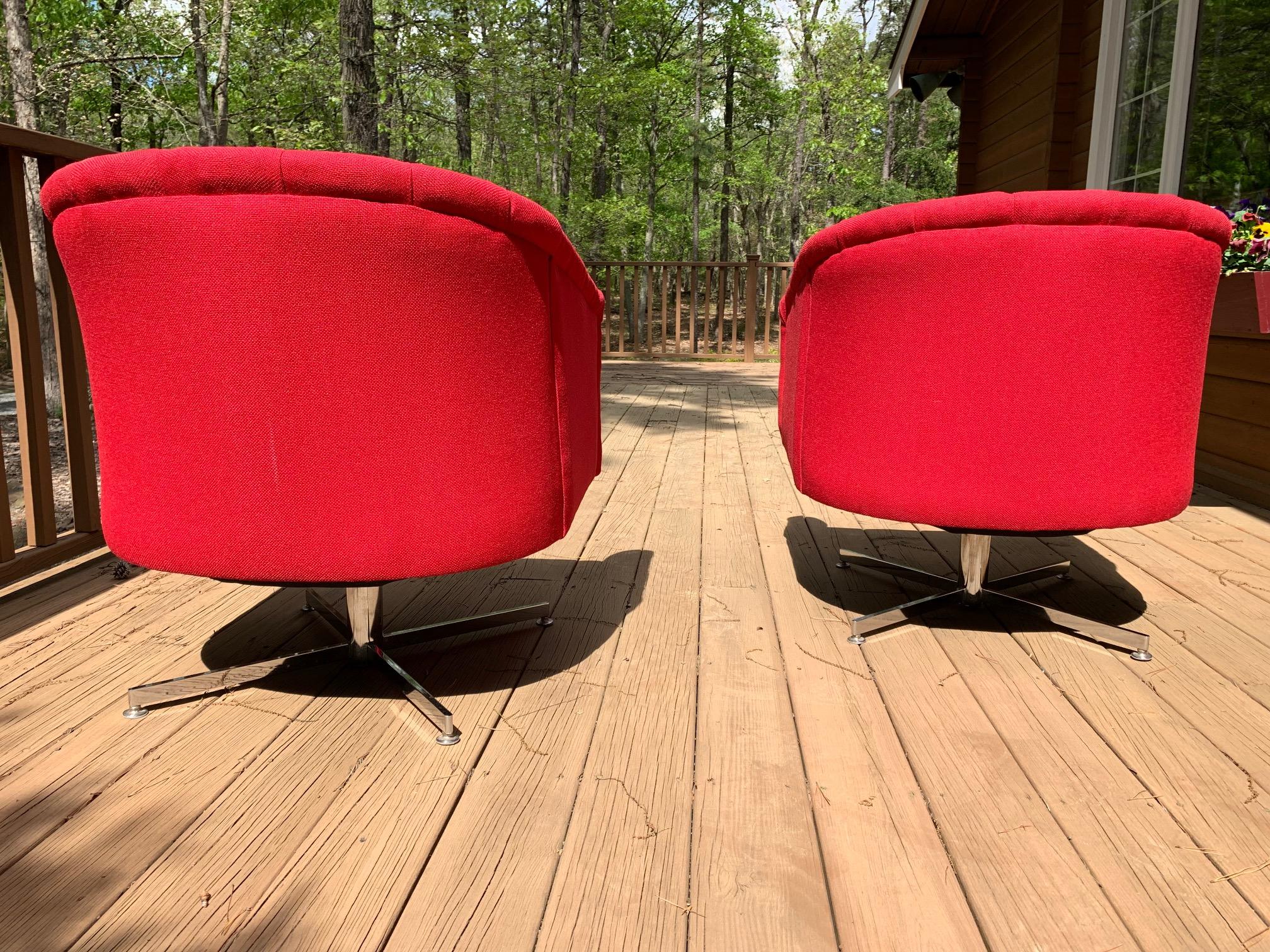 American Milo Baughman Barrel Back Swivel Lounge Chairs on Chrome Bases