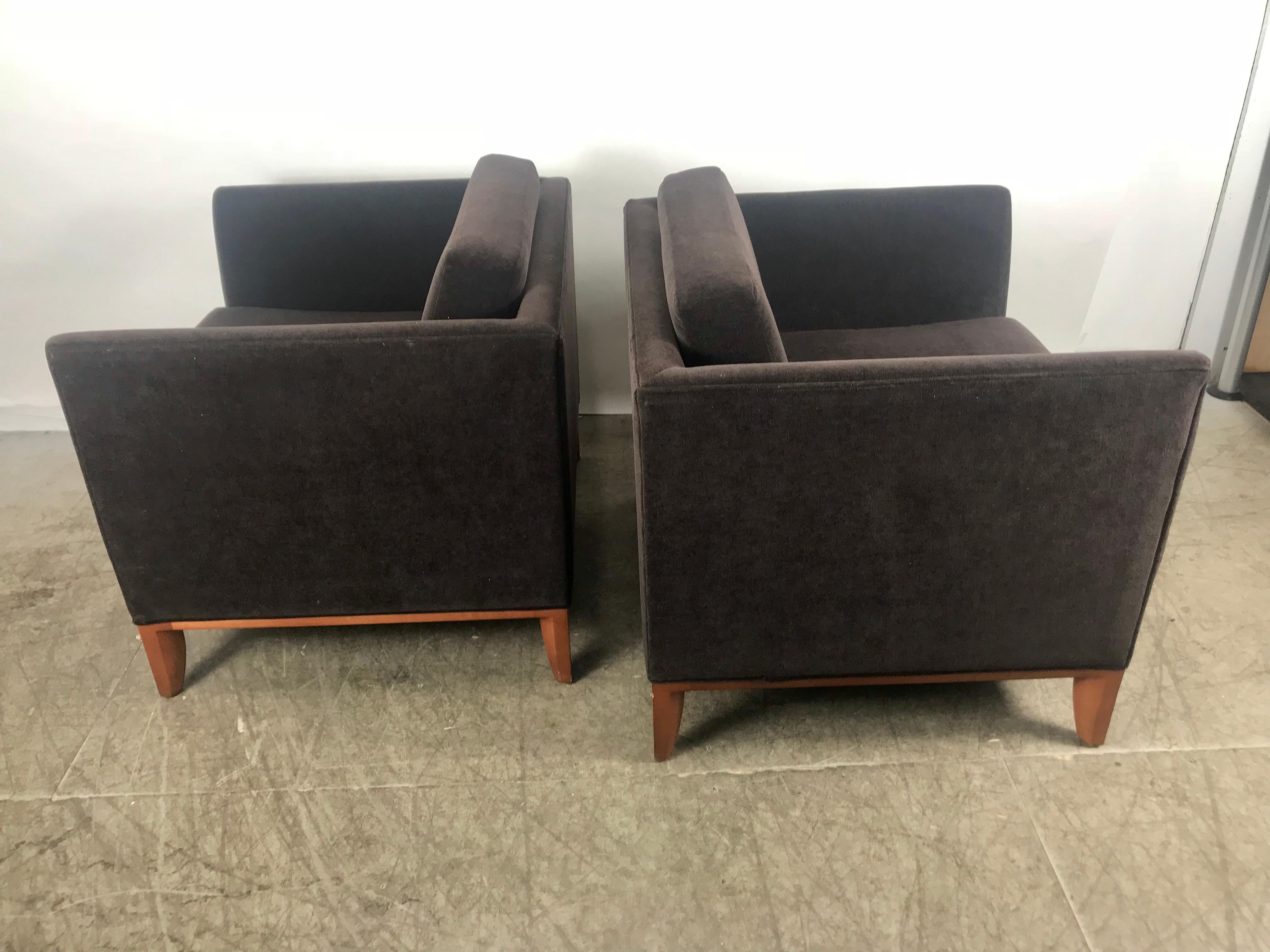 Stunning pair of mohair contemporary cube lounge chairs, Rembrandt Design, superior quality and construction, excellent original condition, hand delivery avail to New York City or anywhere en route from buffalo NY.