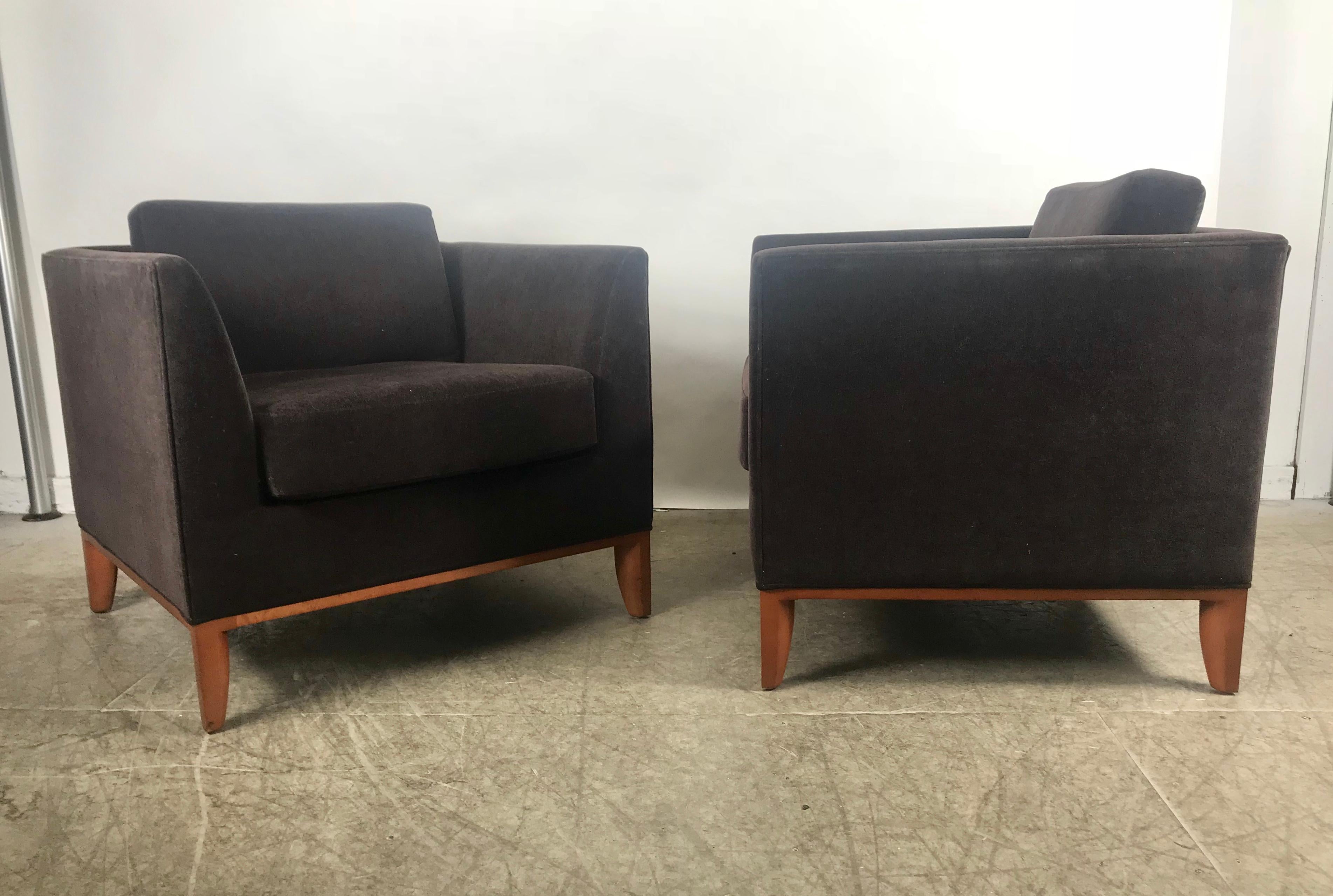 American Stunning Pair of Mohair Contemporary Cube Lounge Chairs, Rembrandt Design