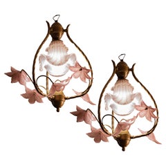 Stunning Pair of Murano Chandelier with Pink Flowers, 1980s