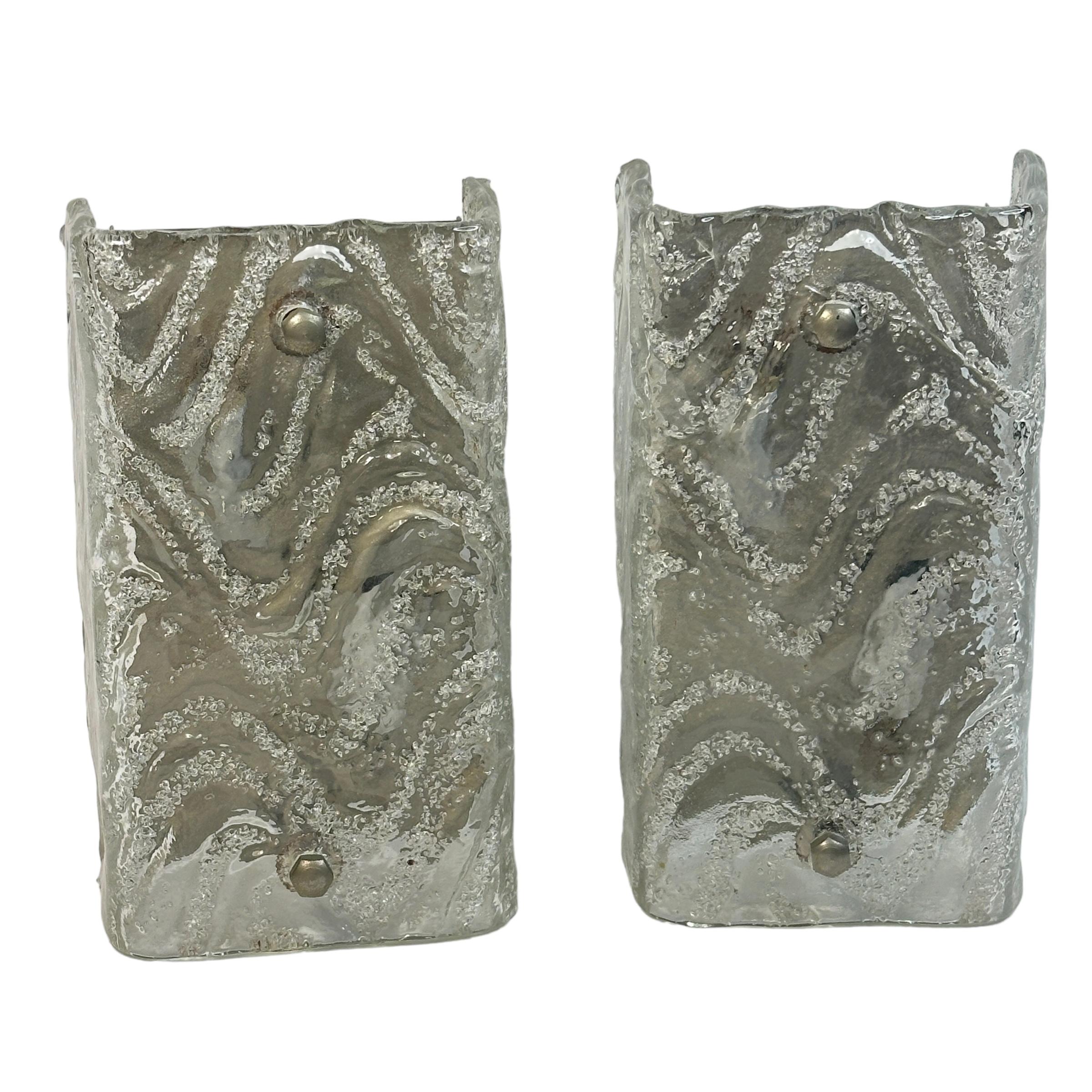 Italian Stunning Pair of Murano Glass Ice Block Sconces with Swirl or Wave Pattern 1960s For Sale