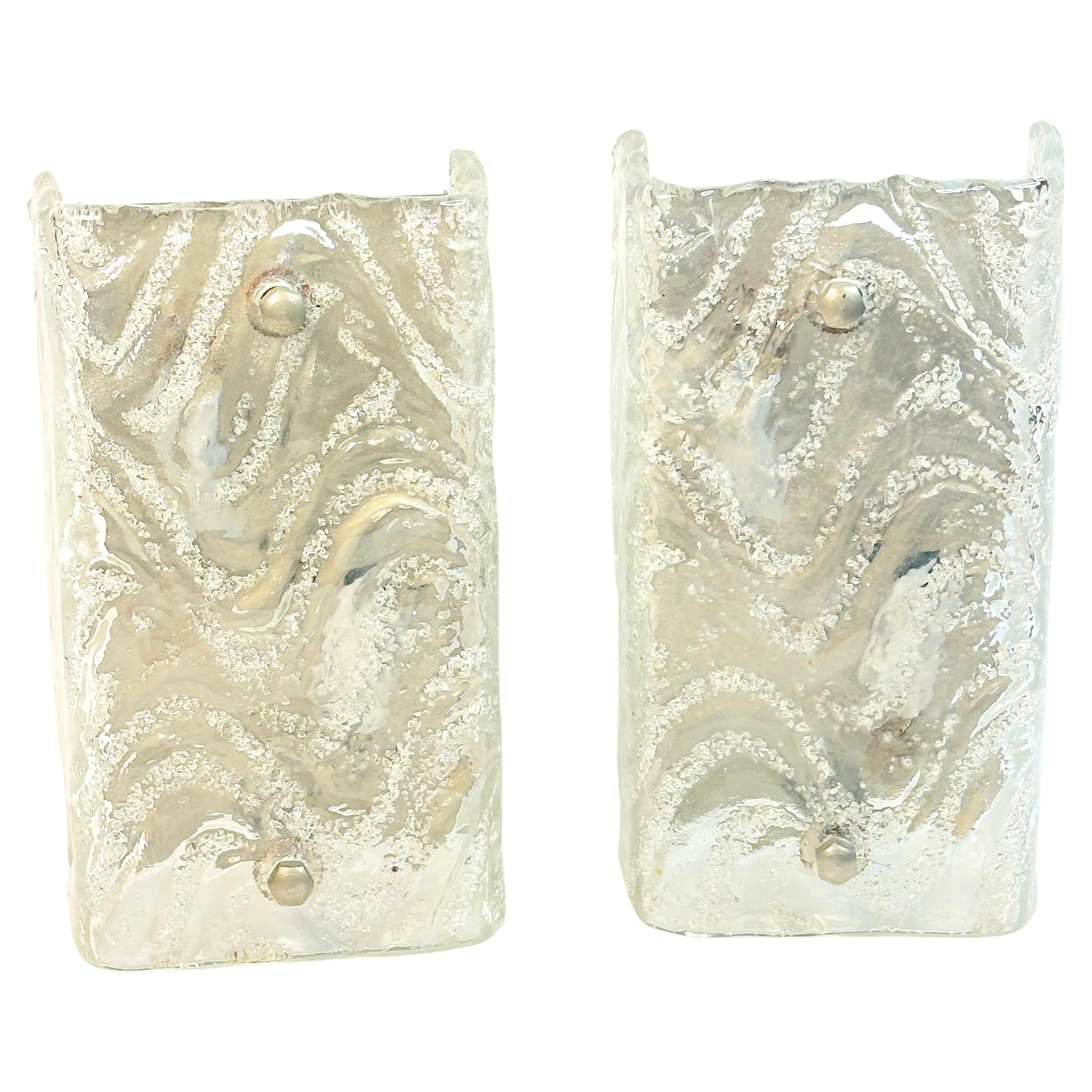 Stunning Pair of Murano Glass Ice Block Sconces with Swirl or Wave Pattern 1960s For Sale