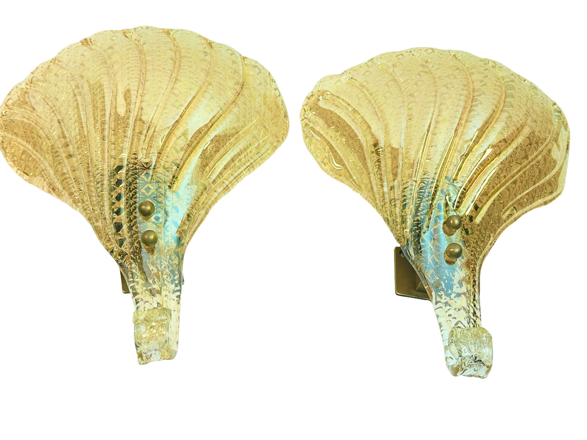 Mid-Century Modern Stunning Pair of Murano Glass Leaf Sconces by Barovier and Toso, Italy For Sale