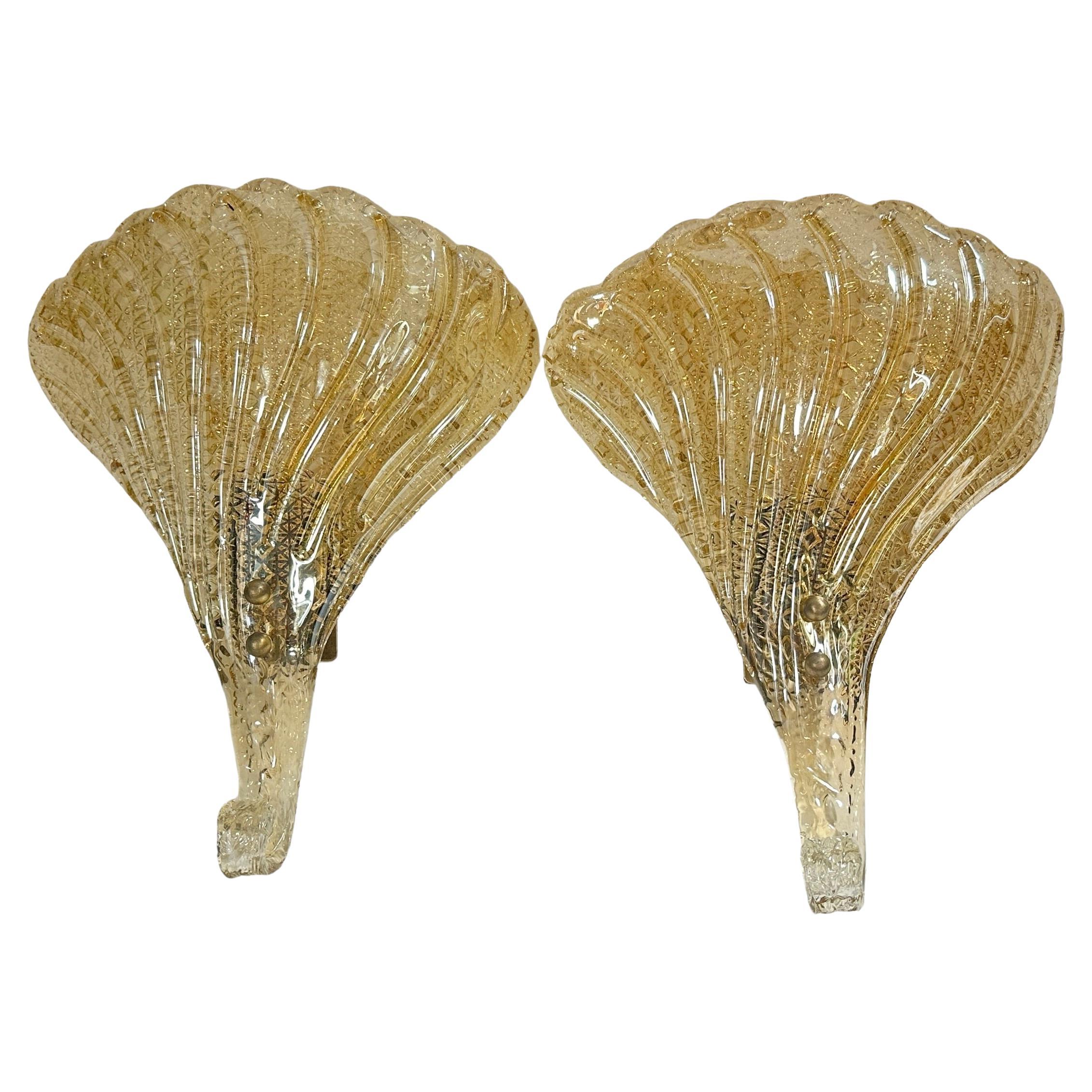 Stunning Pair of Murano Glass Leaf Sconces by Barovier and Toso, Italy