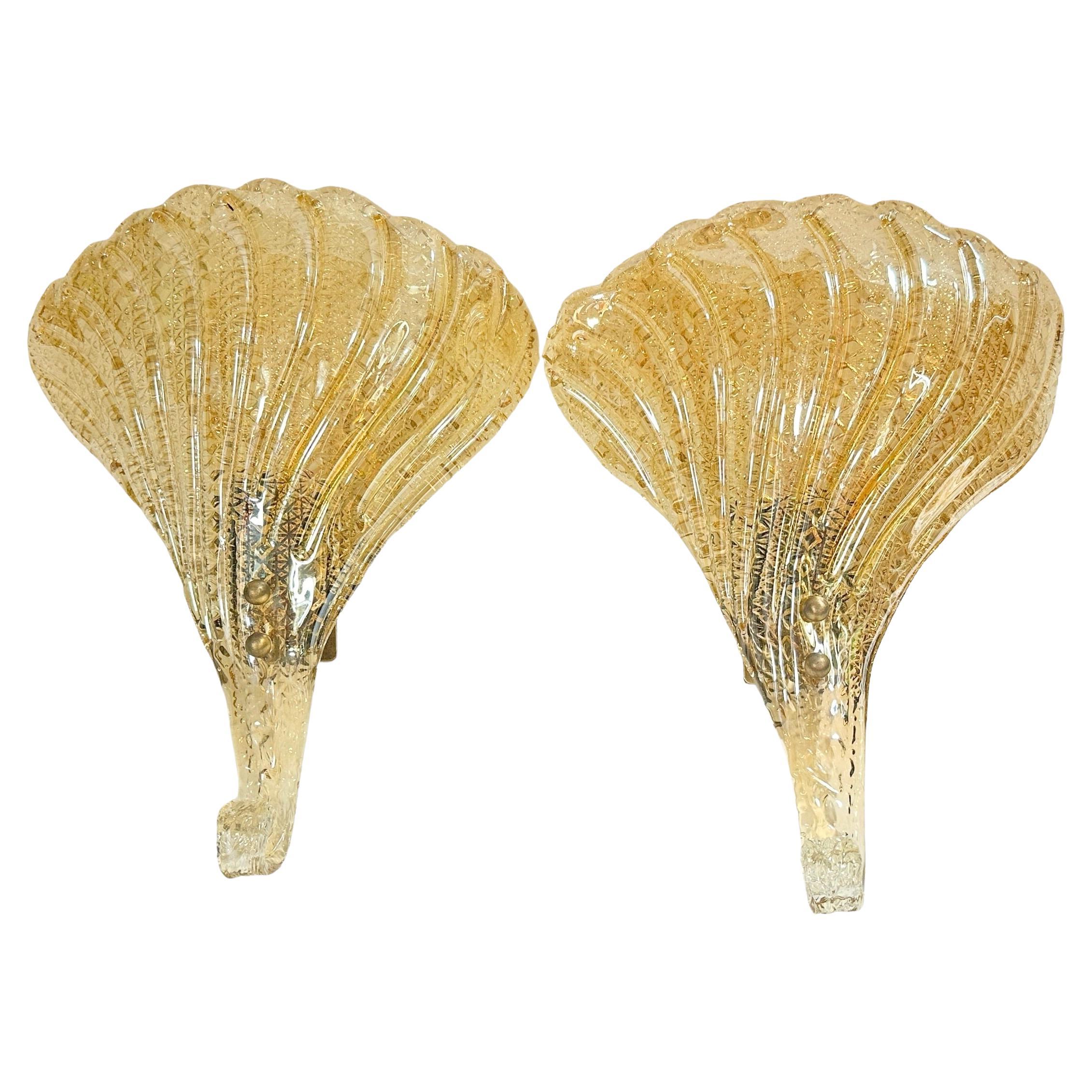 Stunning Pair of Murano Glass Leaf Sconces by Barovier and Toso, Italy