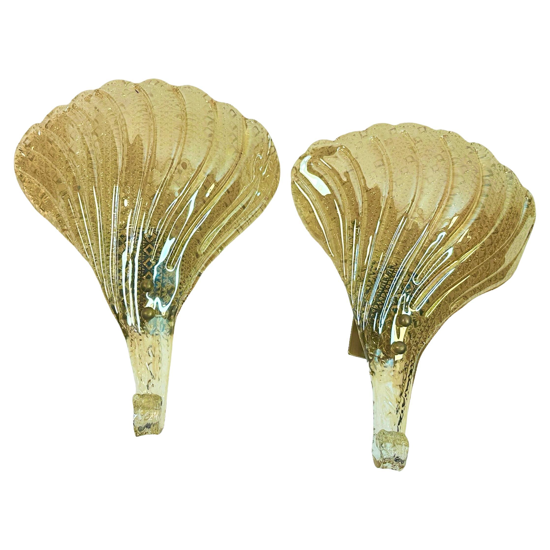 Stunning Pair of Murano Glass Leaf Sconces by Barovier and Toso, Italy For Sale