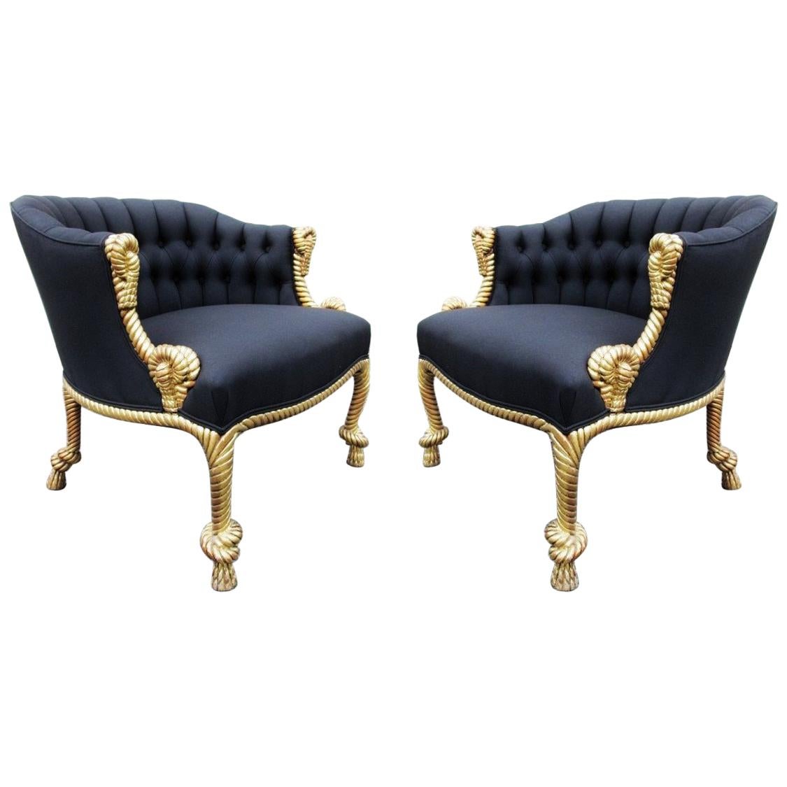 Stunning Pair of Napoleon III Style Twisted Rope and Tassel Carved Armchairs For Sale