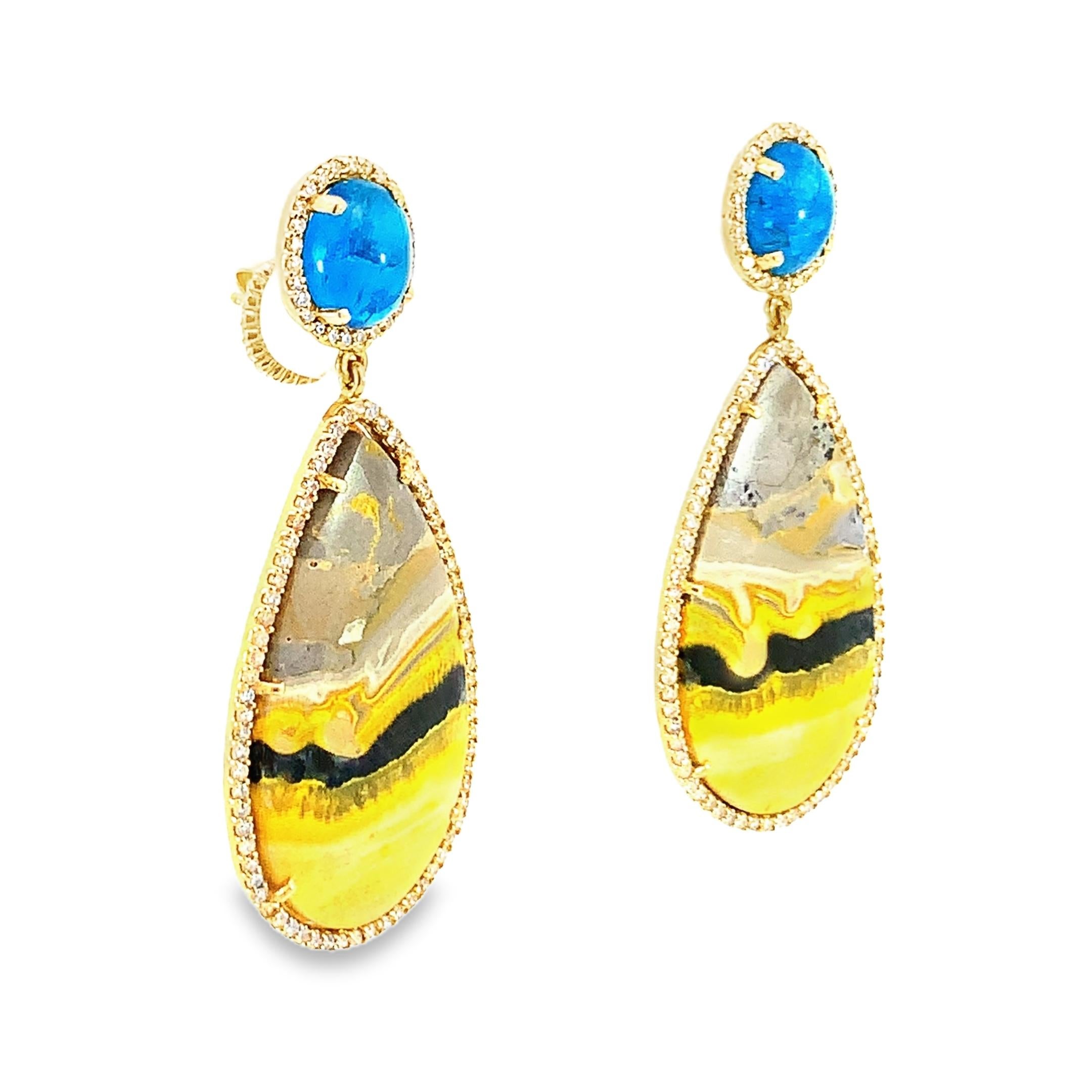 Mixed Cut Stunning pair of natural Bumblebee jasper, Apatite and diamond earrings For Sale