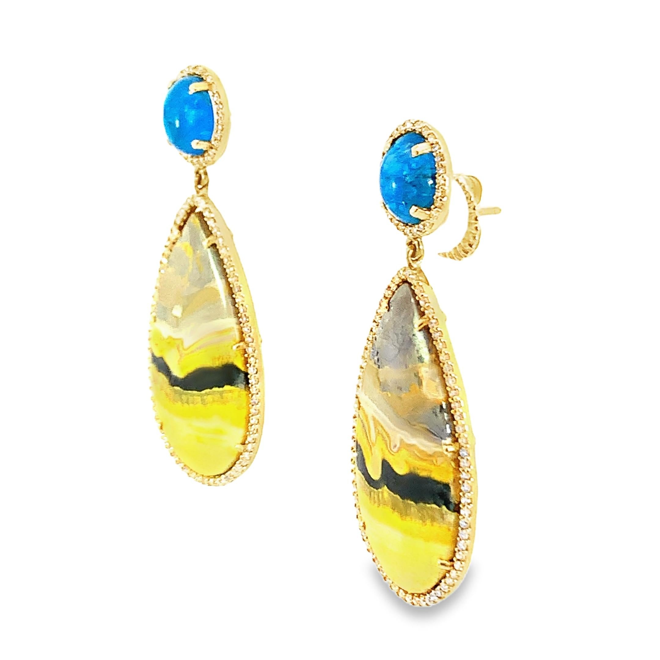 Stunning pair of natural Bumblebee jasper, Apatite and diamond earrings In New Condition For Sale In New York, NY