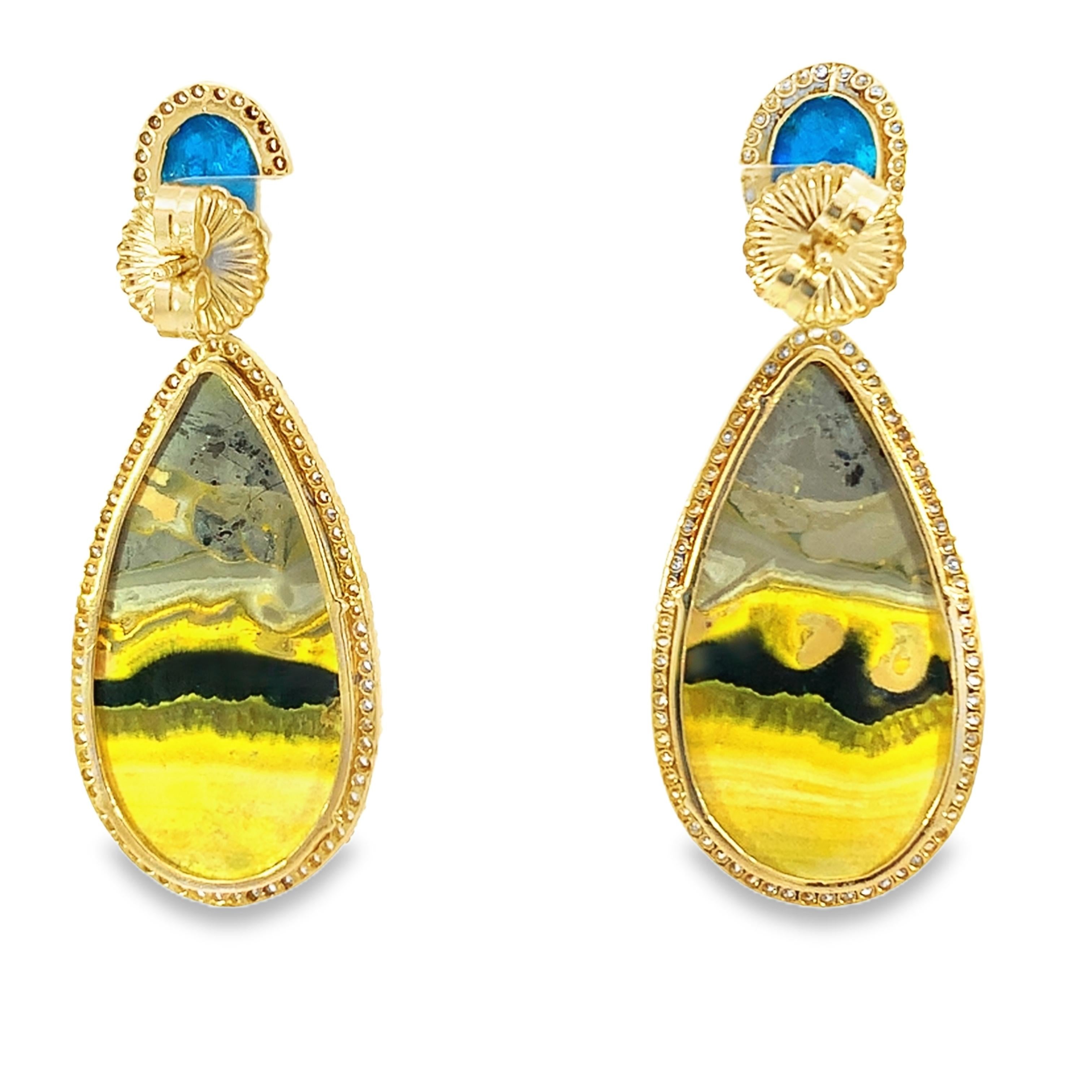 Women's Stunning pair of natural Bumblebee jasper, Apatite and diamond earrings For Sale