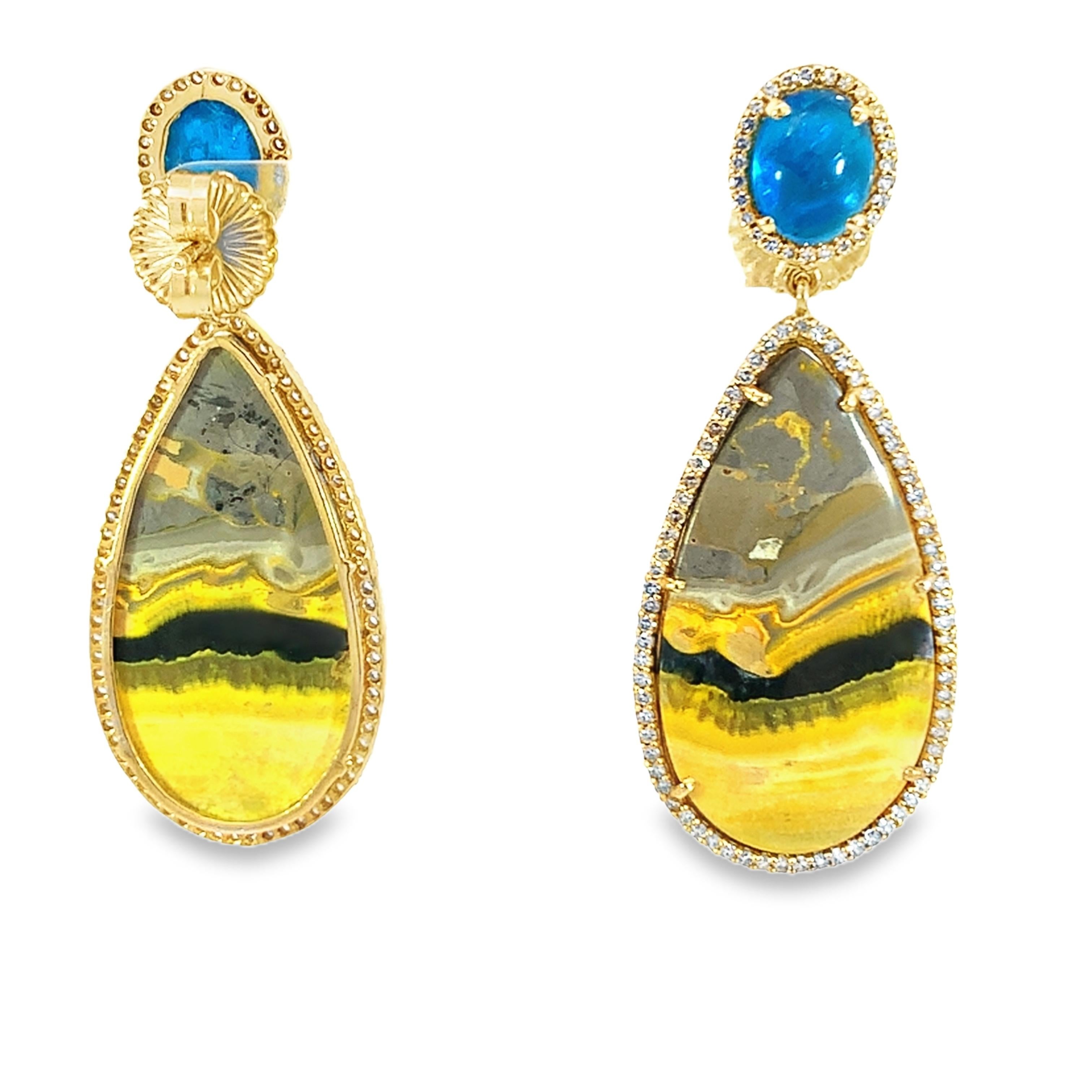 Stunning pair of natural Bumblebee jasper, Apatite and diamond earrings For Sale 1
