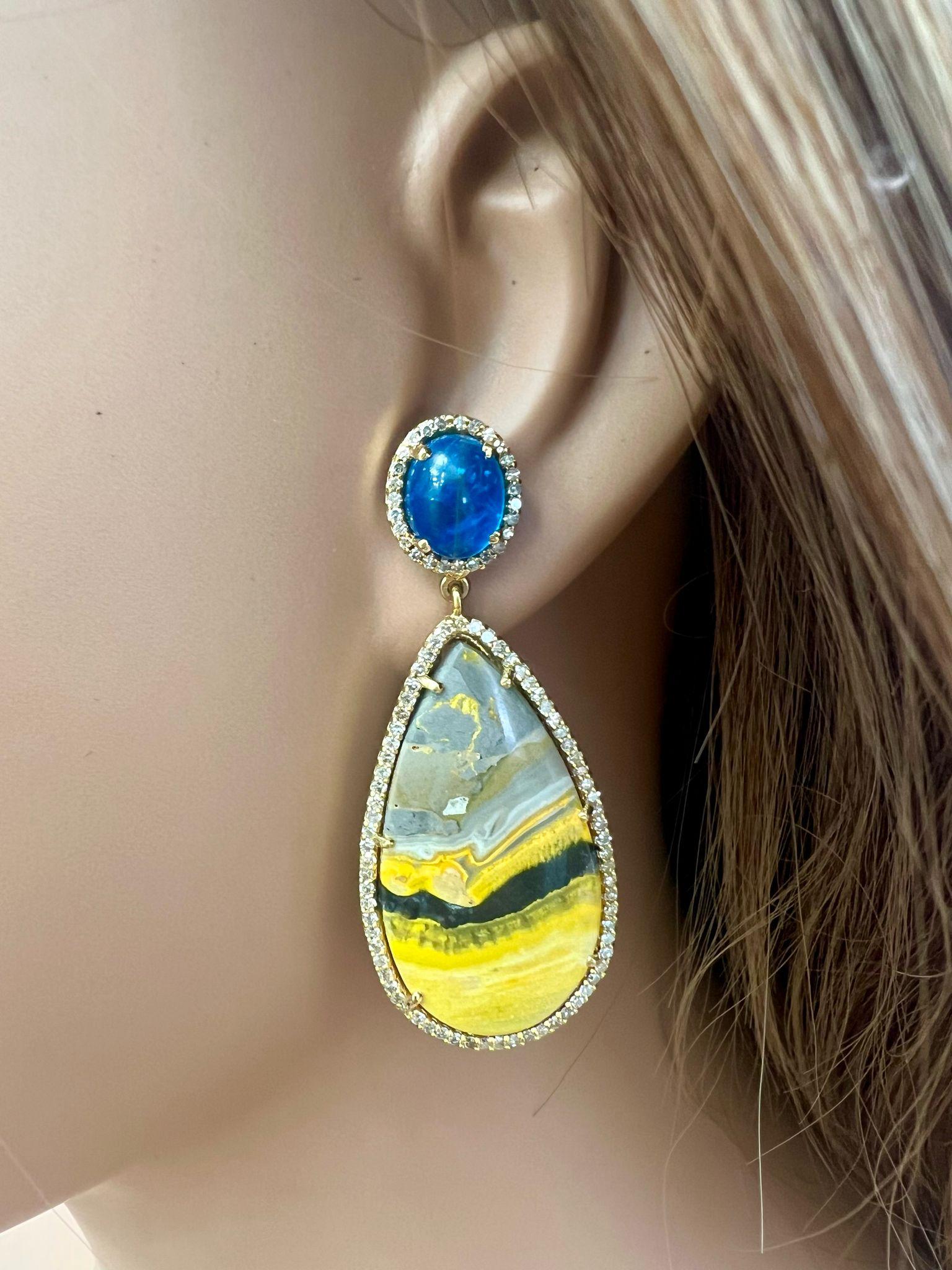 Stunning pair of natural Bumblebee jasper, Apatite and diamond earrings For Sale 2