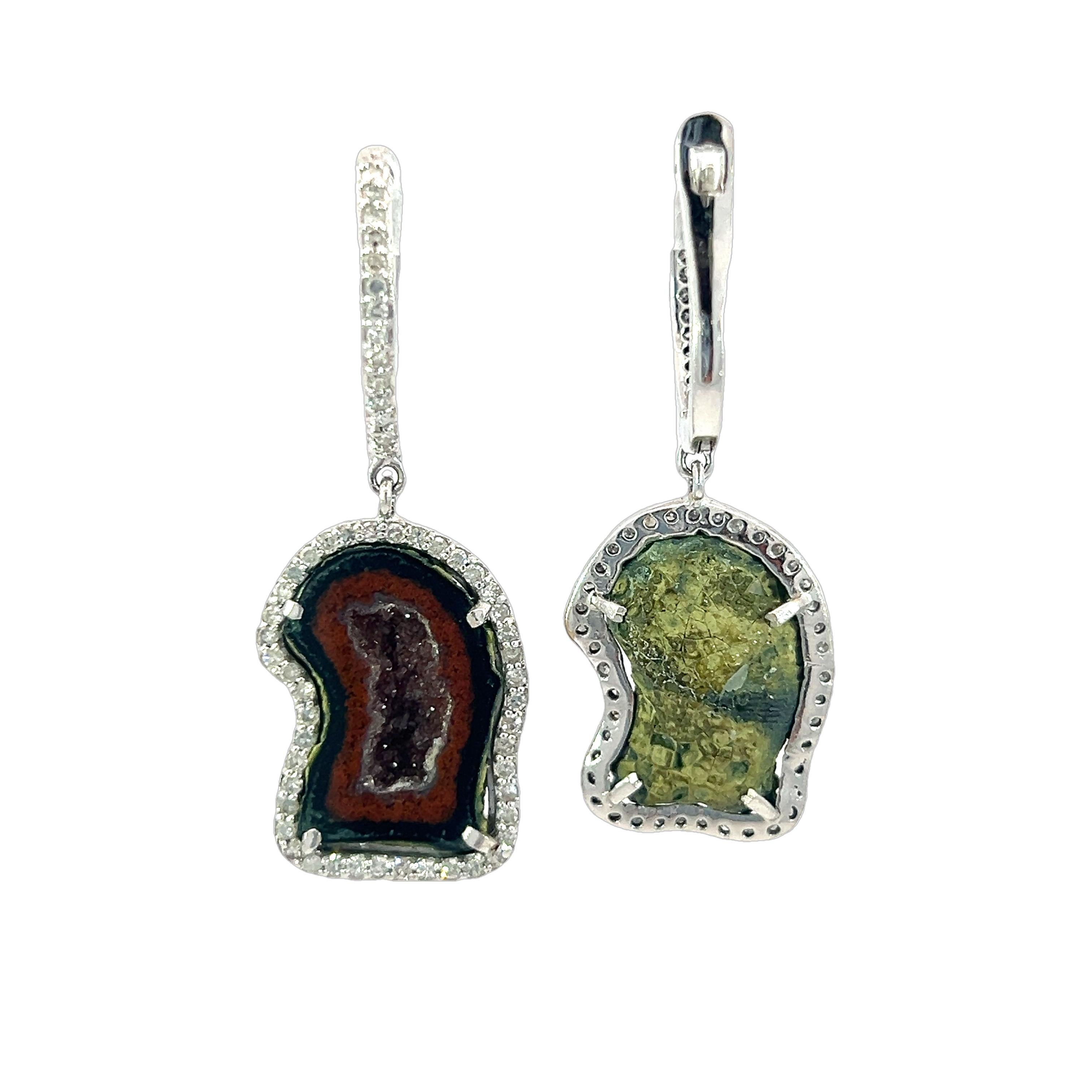 Mixed Cut Stunning pair of natural Druzy quartz and diamonds earrings For Sale