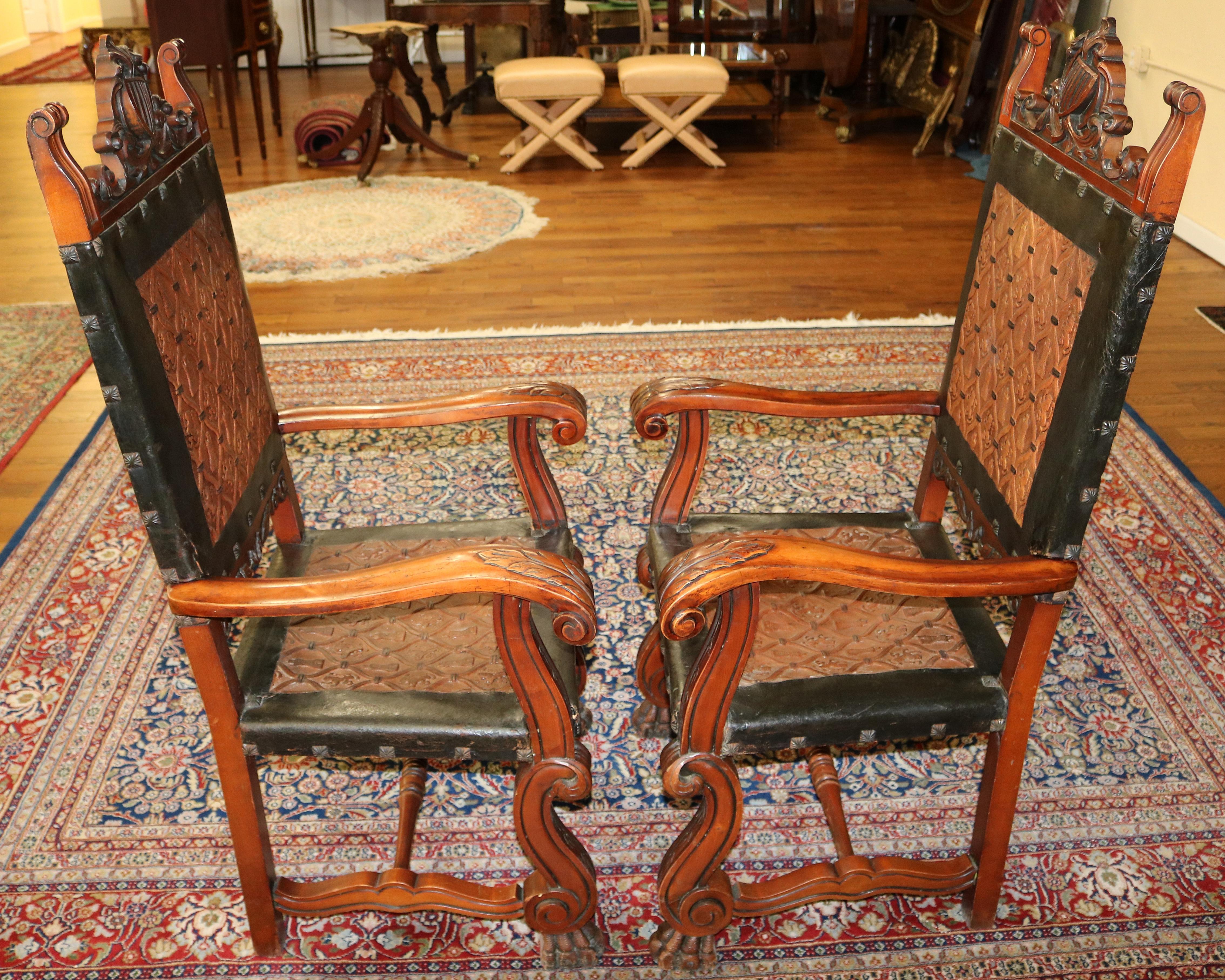 Stunning Pair of Neo Renaissance Style Leather & Wood Throne Chairs 3
