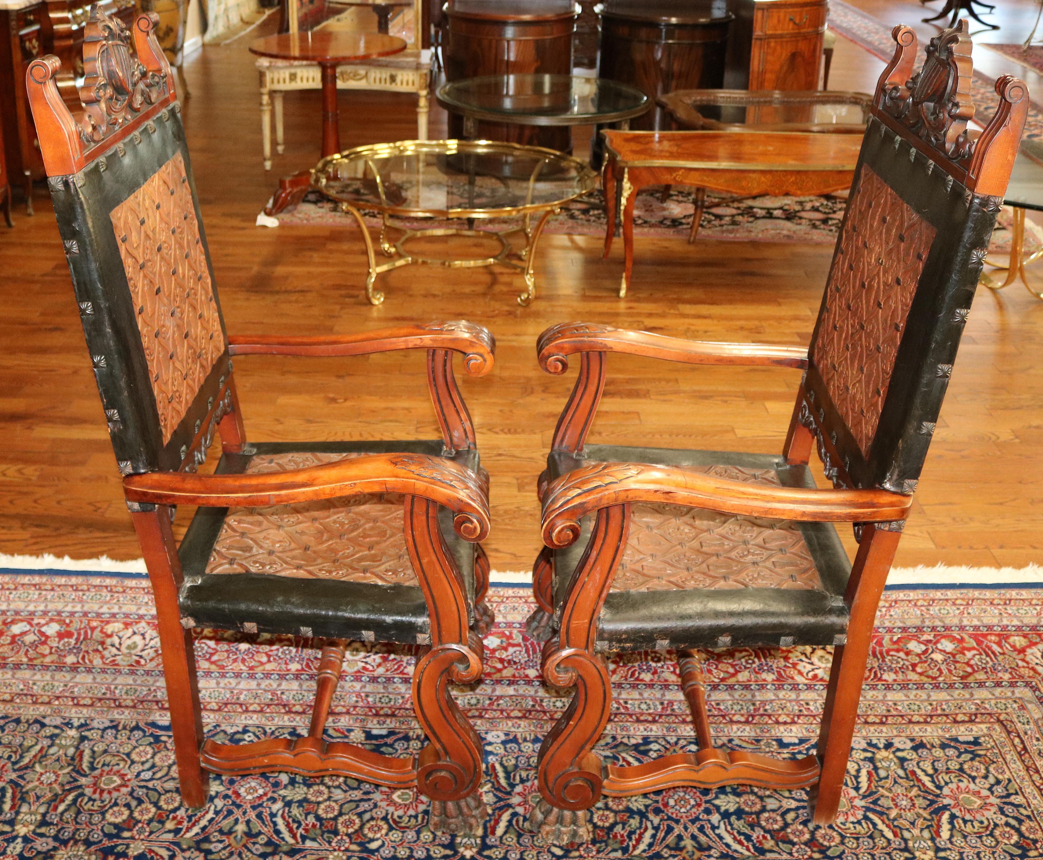 Stunning Pair of Neo Renaissance Style Leather & Wood Throne Chairs 4