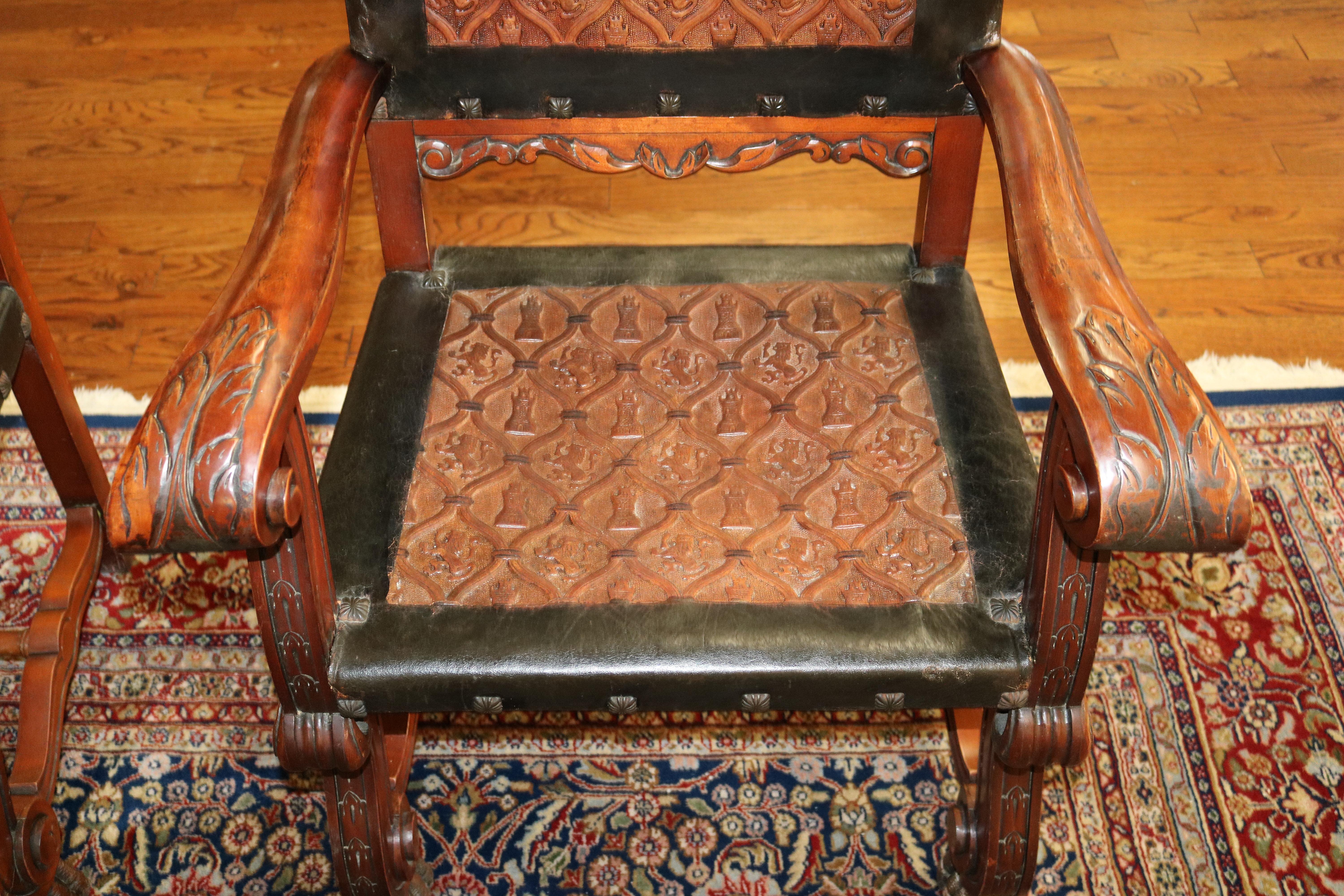 Stunning Pair of Neo Renaissance Style Leather & Wood Throne Chairs 5
