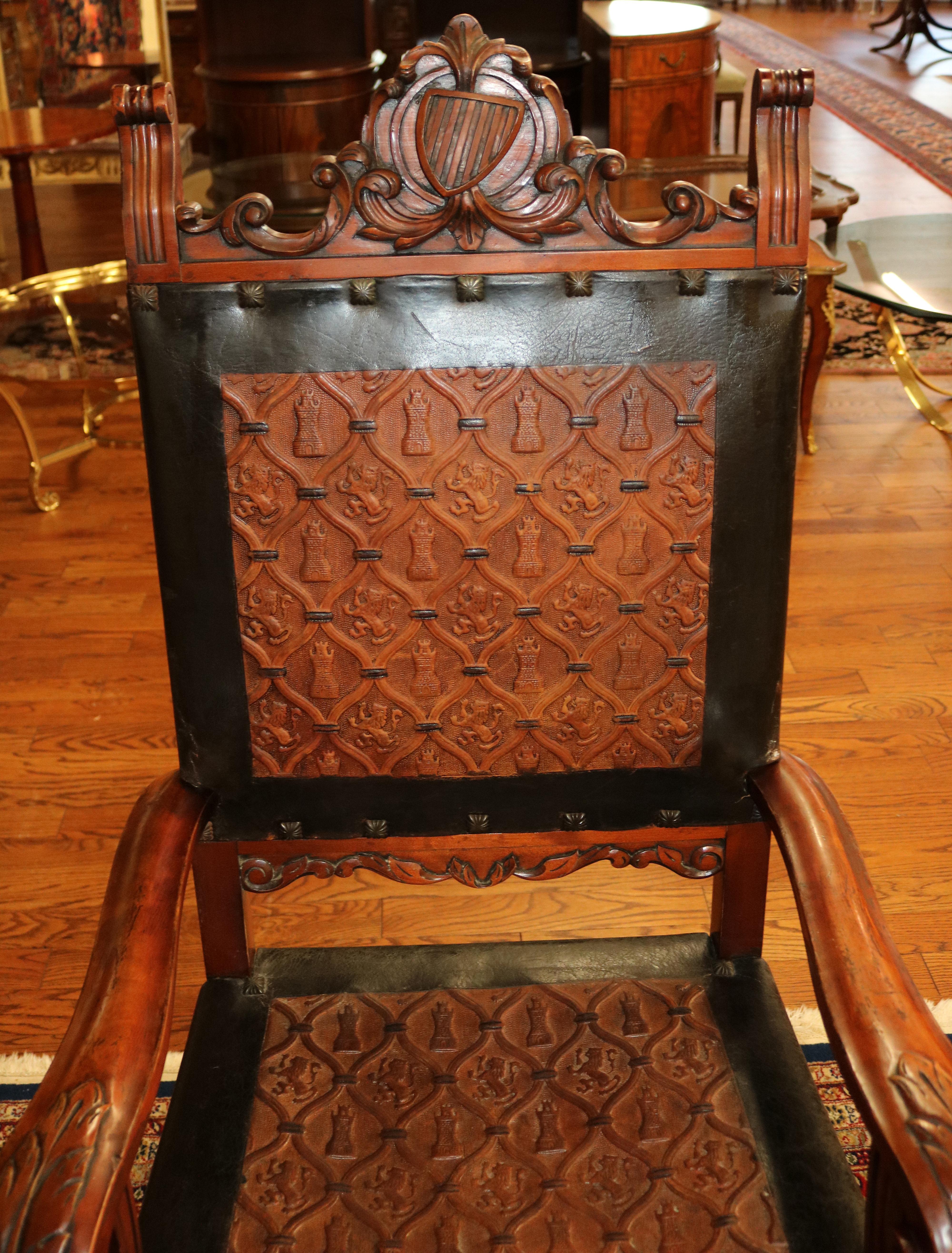 Stunning Pair of Neo Renaissance Style Leather & Wood Throne Chairs 6