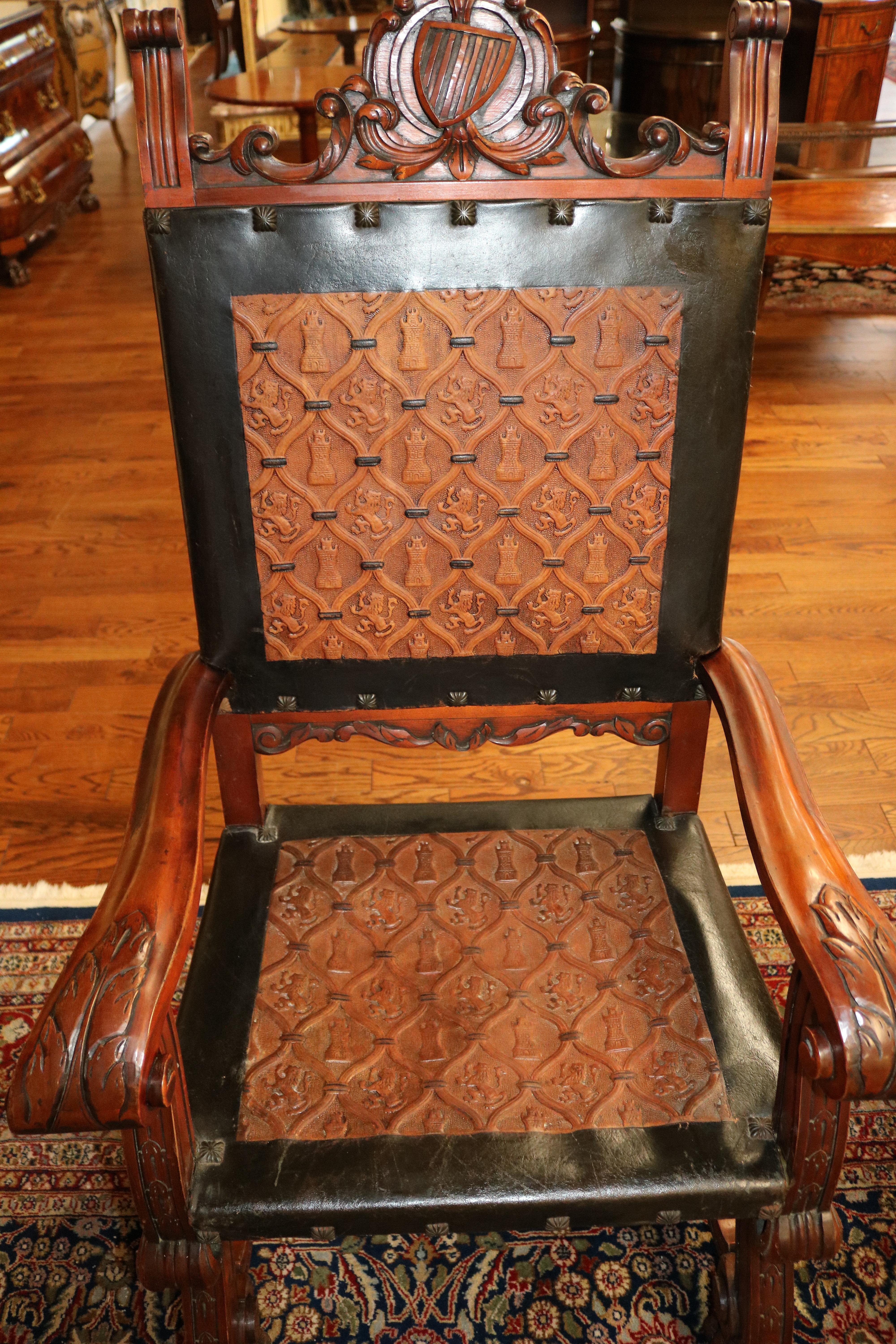 Stunning Pair of Neo Renaissance Style Leather & Wood Throne Chairs 7