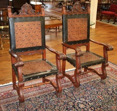 Stunning Pair of Neo Renaissance Style Leather & Wood Throne Chairs