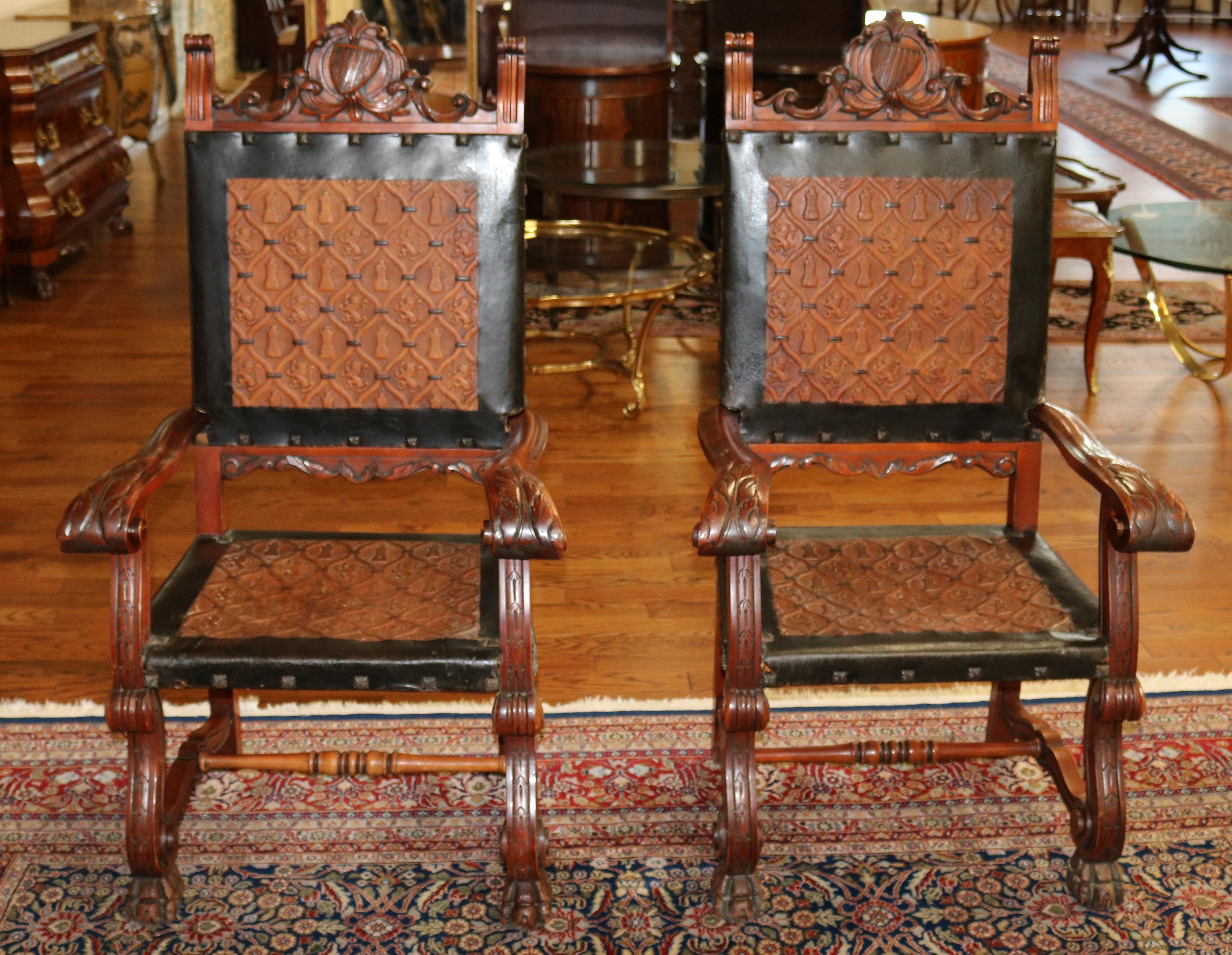 Neoclassical Stunning Pair of Neo Renaissance Style Leather & Wood Throne Chairs