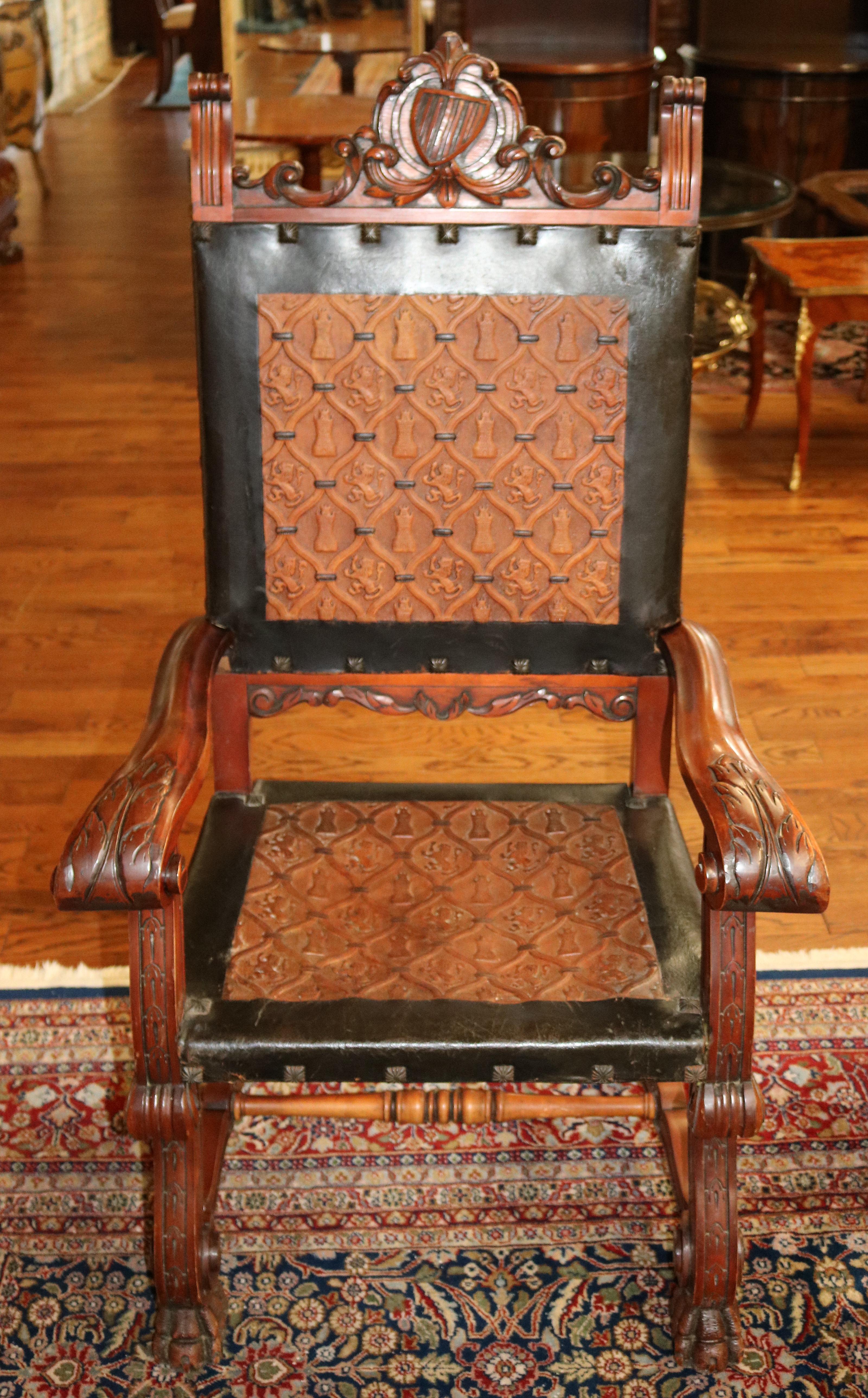 American Stunning Pair of Neo Renaissance Style Leather & Wood Throne Chairs