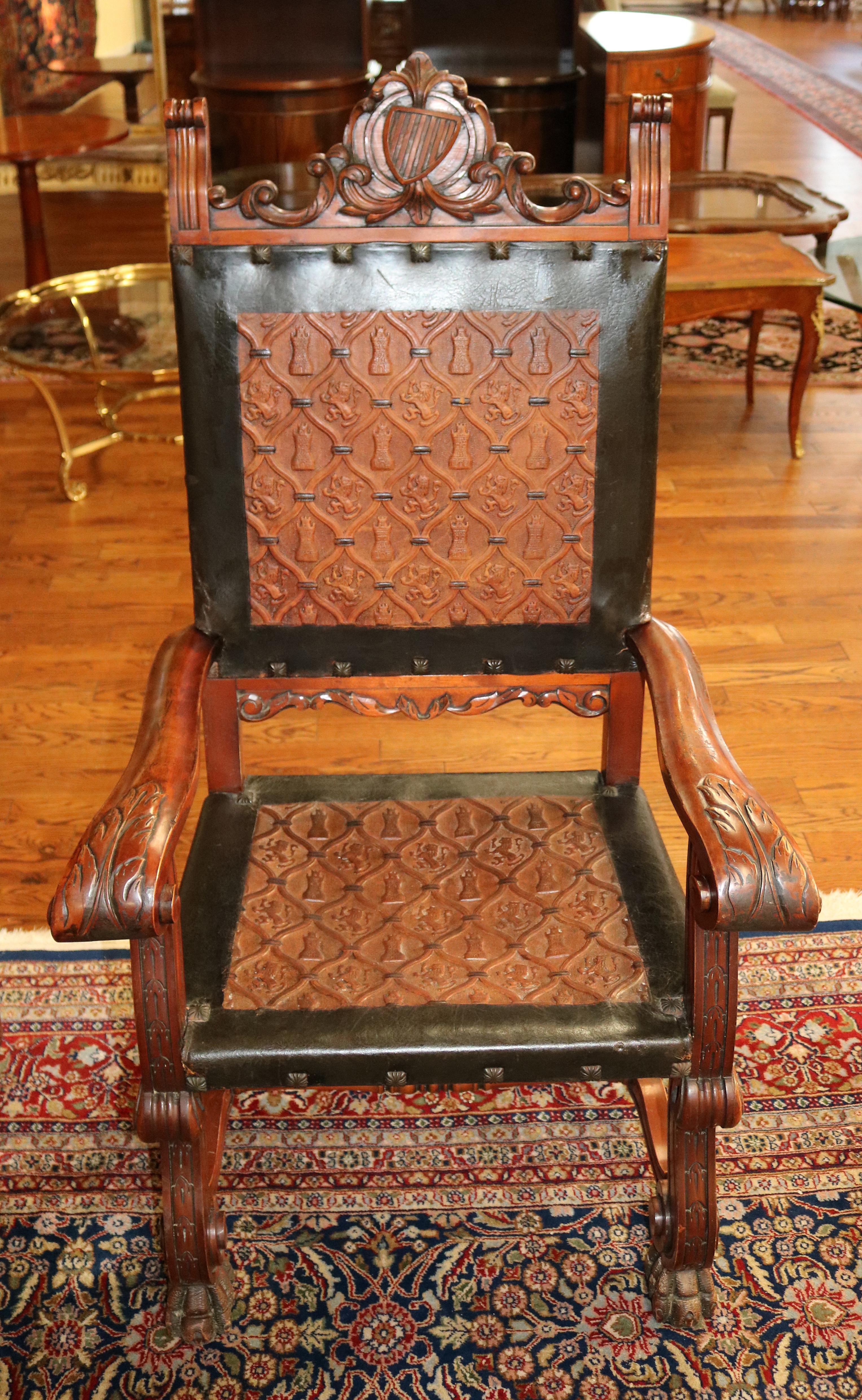 Stunning Pair of Neo Renaissance Style Leather & Wood Throne Chairs In Excellent Condition In Long Branch, NJ