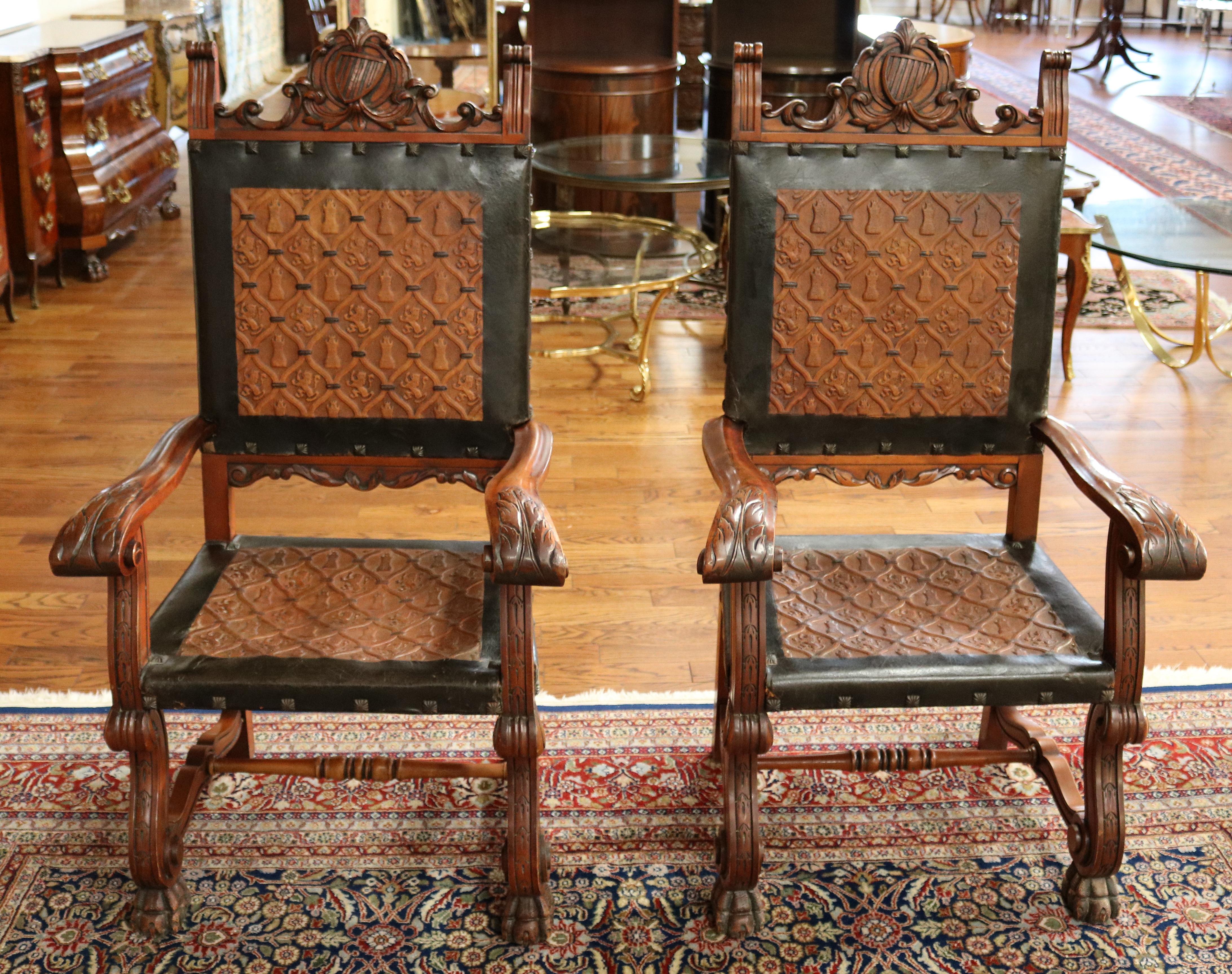 19th Century Stunning Pair of Neo Renaissance Style Leather & Wood Throne Chairs