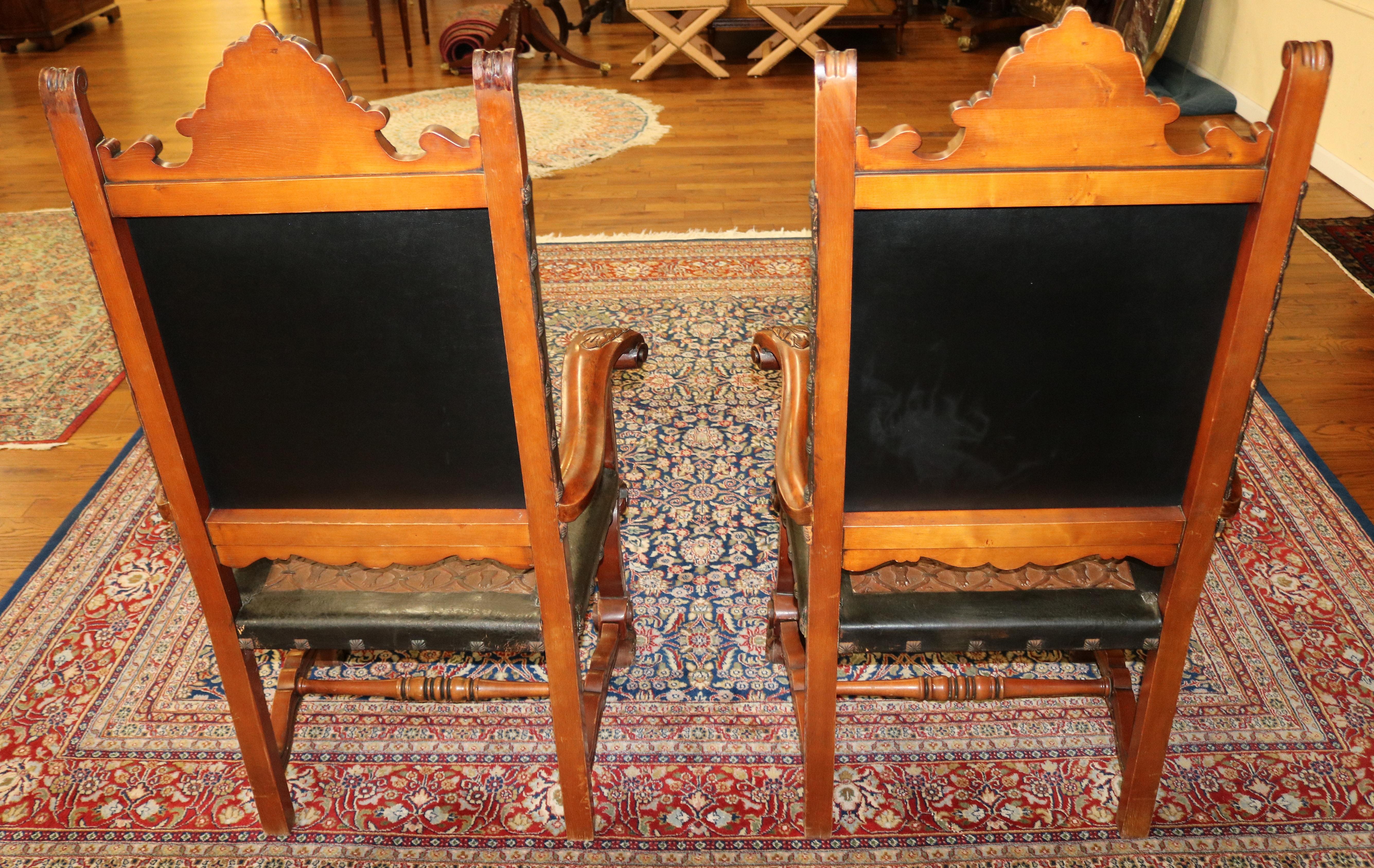 Stunning Pair of Neo Renaissance Style Leather & Wood Throne Chairs 1