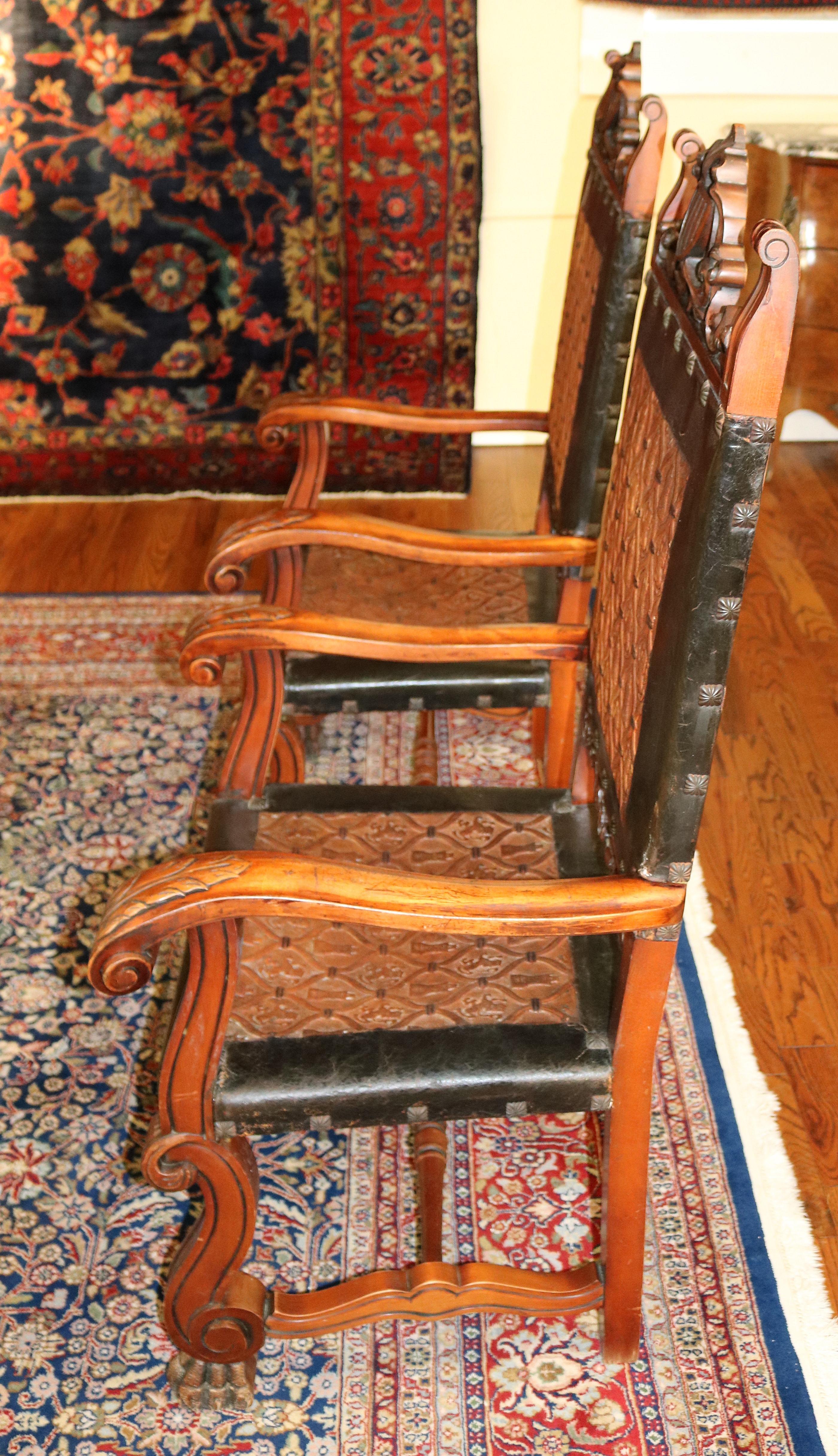 Stunning Pair of Neo Renaissance Style Leather & Wood Throne Chairs 2