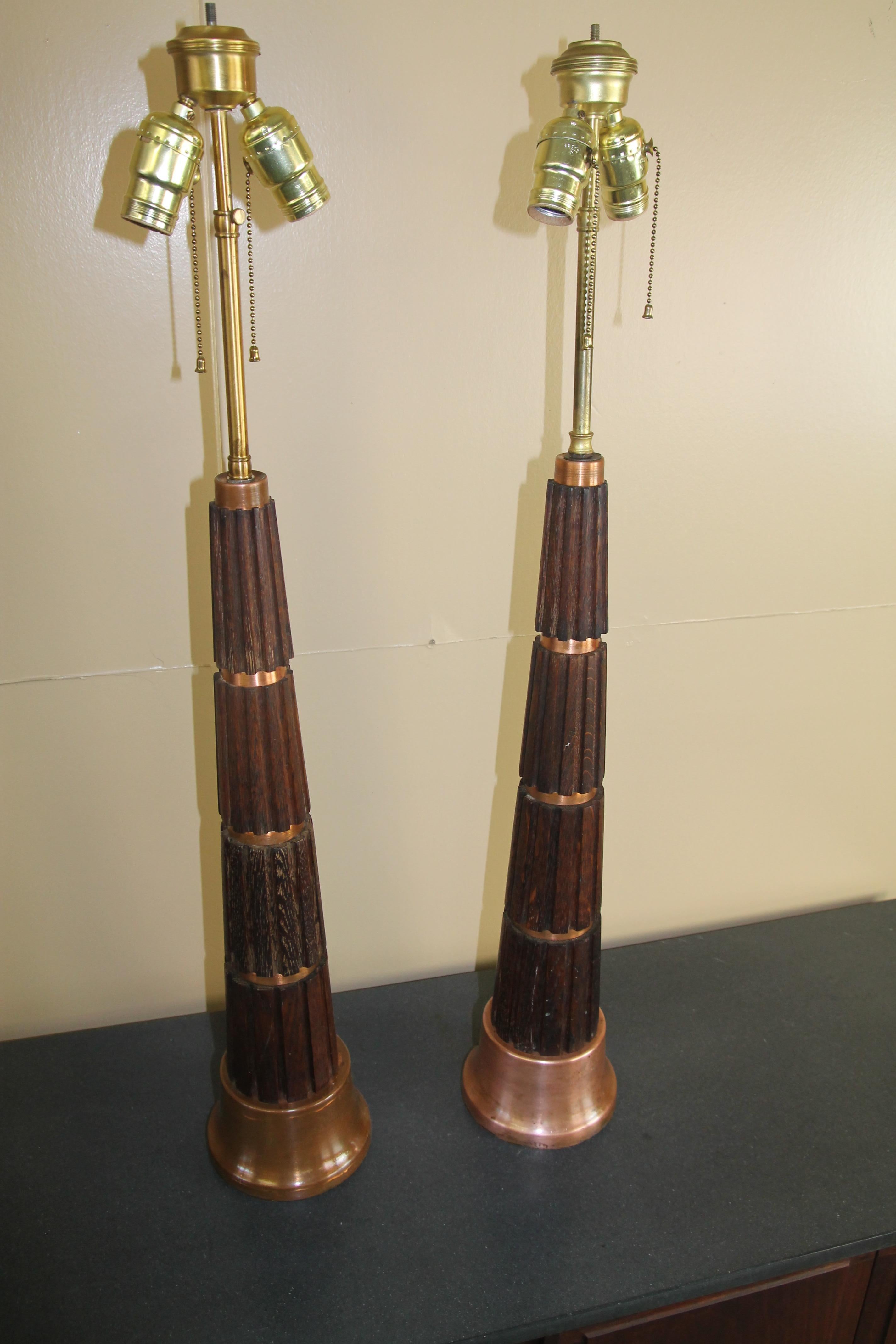 American Stunning Pair of Oak and Copper Table Lamps  For Sale