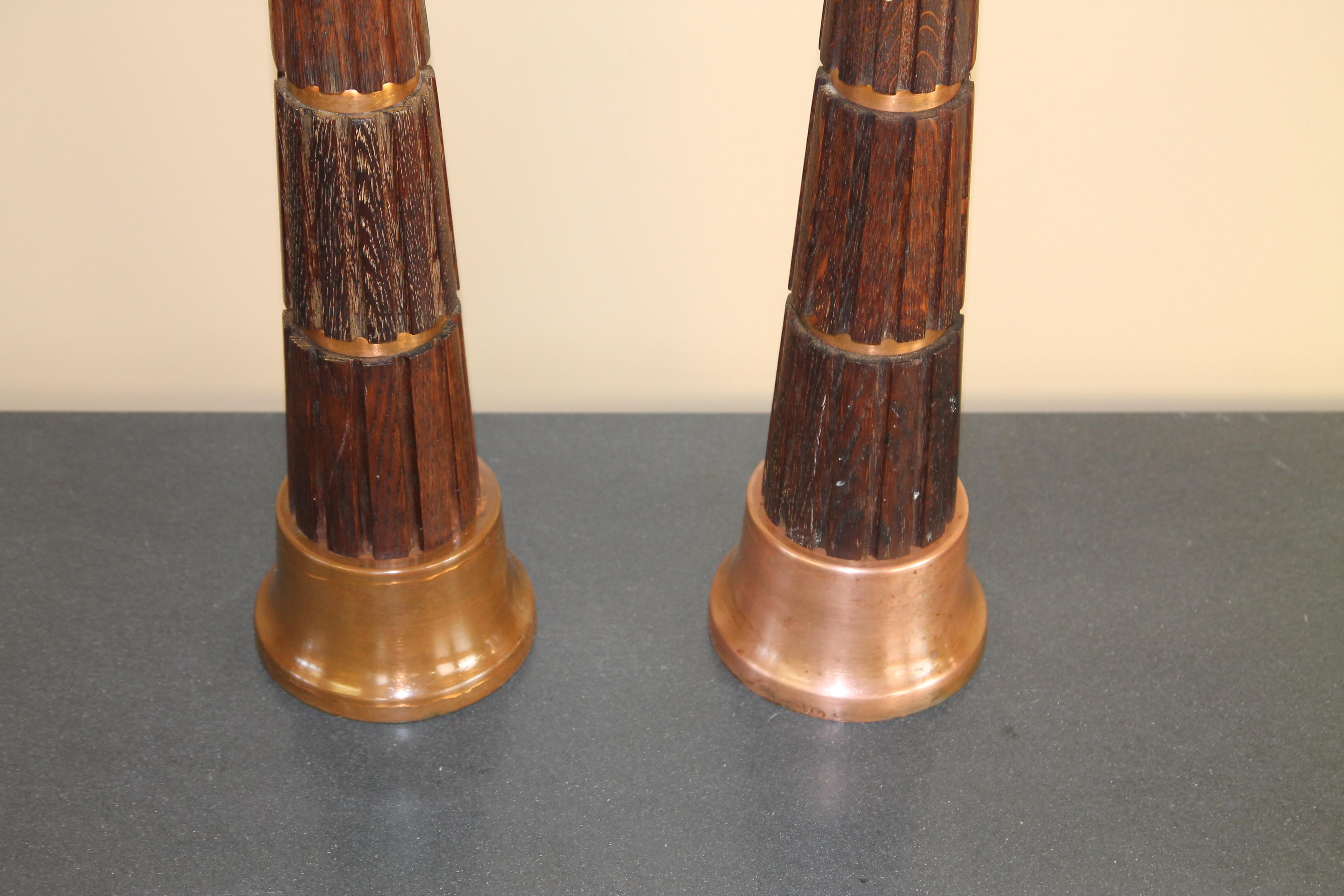 Stunning Pair of Oak and Copper Table Lamps  For Sale 1