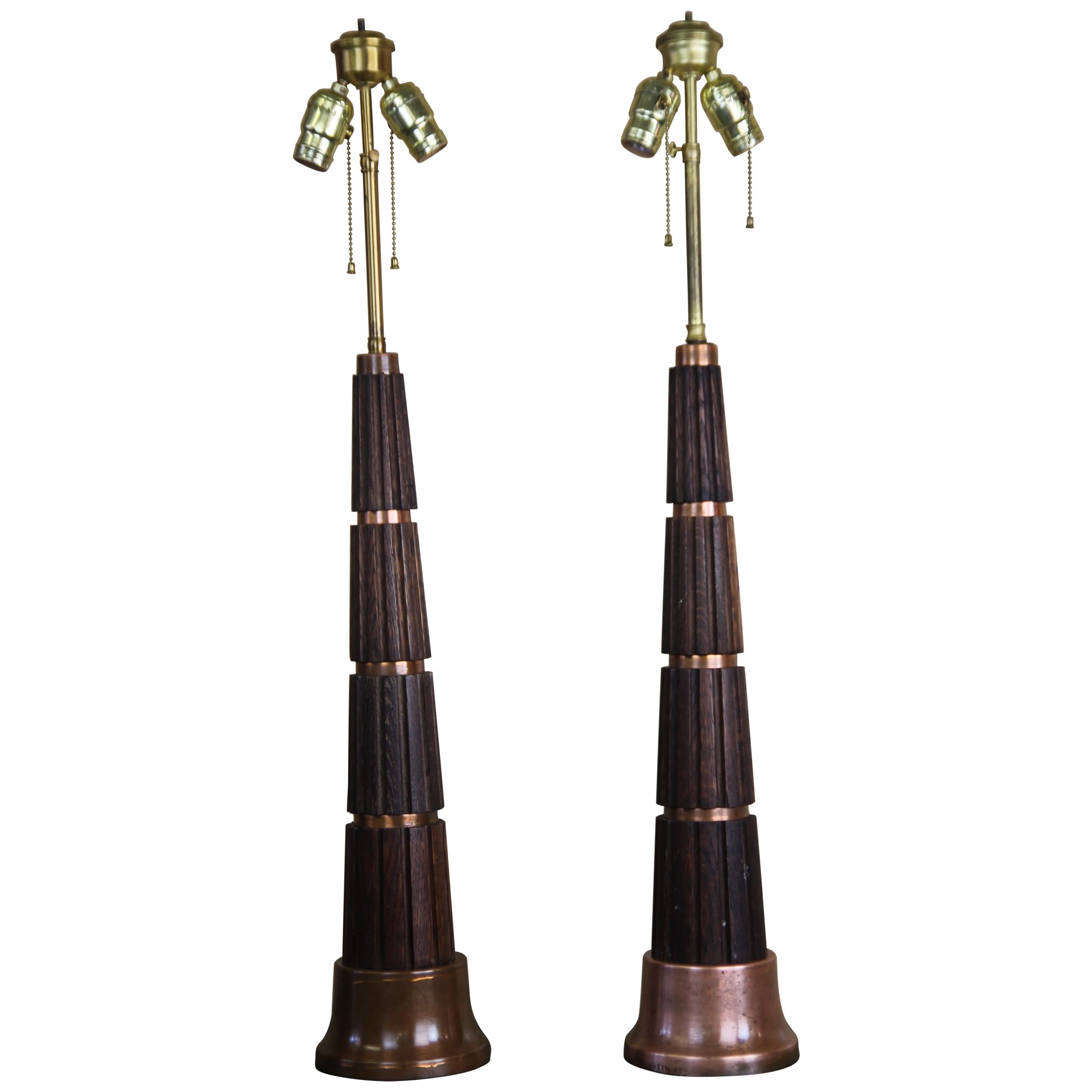 Stunning Pair of Oak and Copper Table Lamps