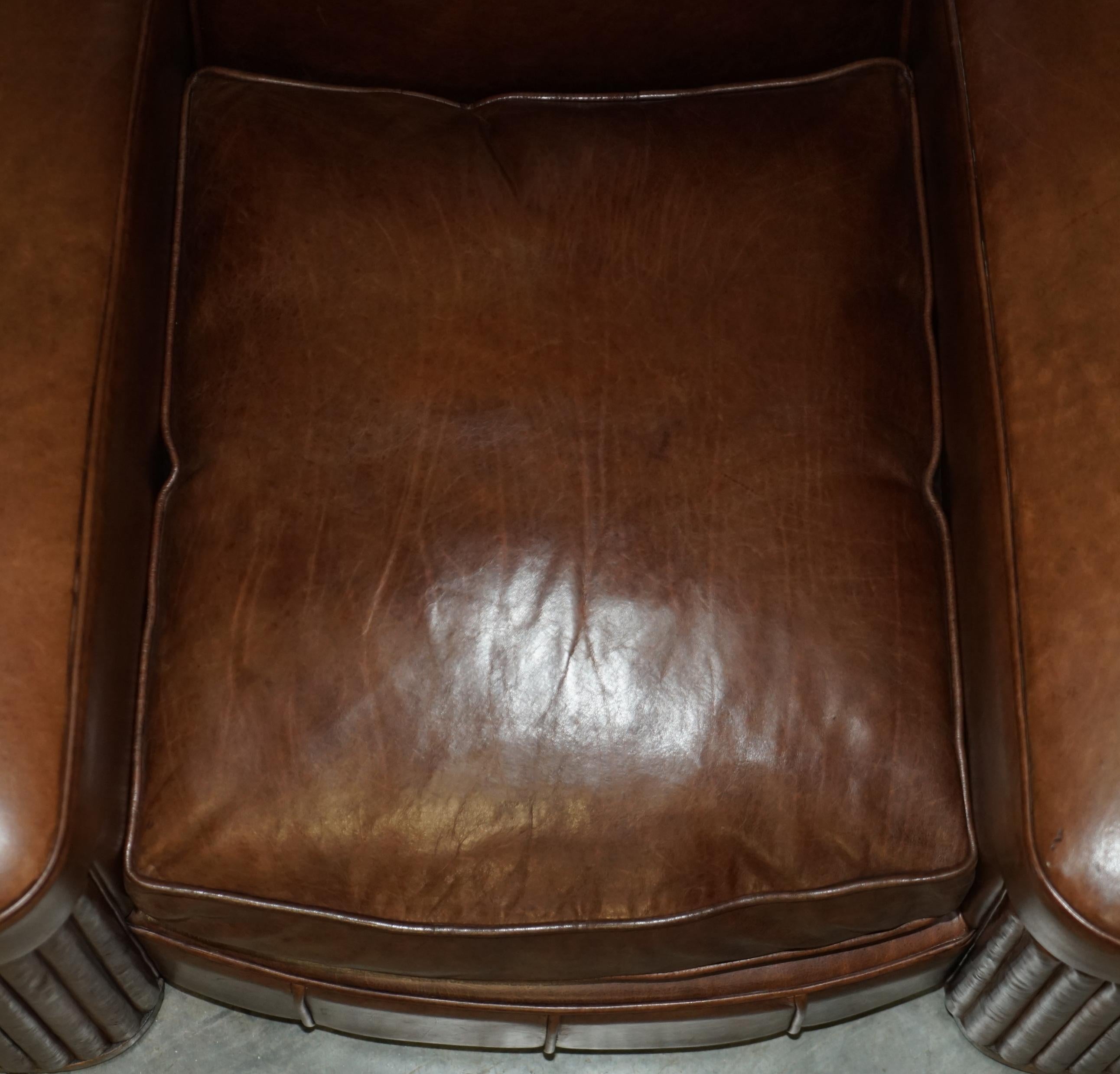 STUNNING PAIR OF ORIGINAL ART DECO HERITAGE BROWN LEATHER CIRCA 1920'S ARMCHAIRs For Sale 9