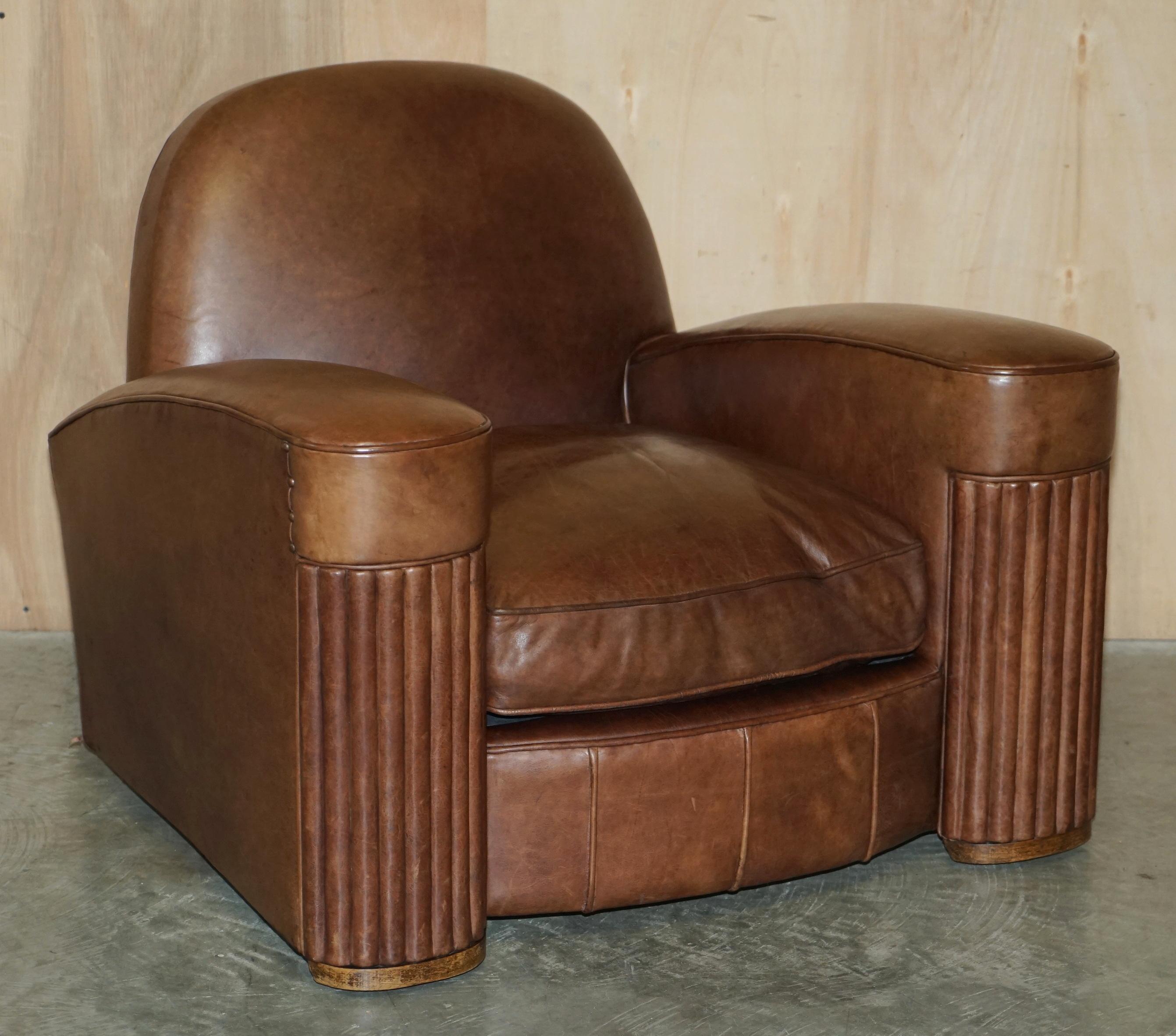 Royal House Antiques

Royal House Antiques is delighted to offer for sale this stunning, lightly restored pair of antique circa 1920's Art Deco, heritage brown leather Art Deco armchairs with feather filled seat cushions and fluted arms

Please note