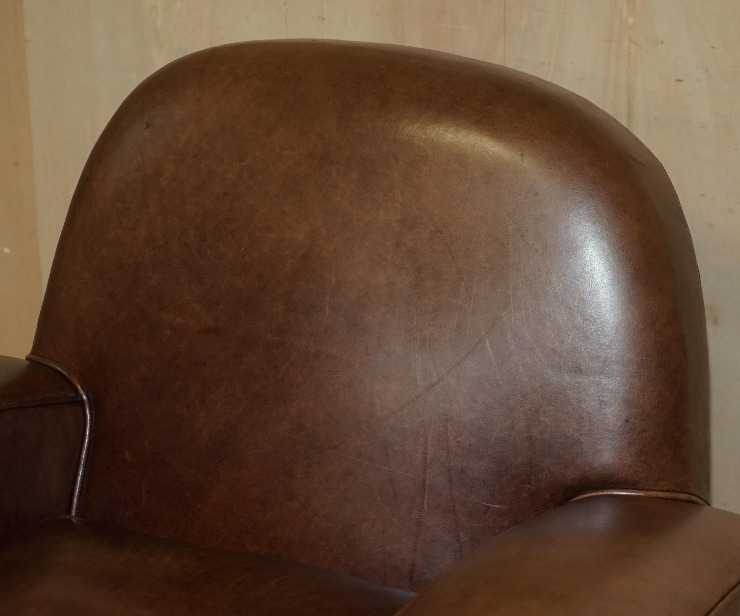 English STUNNING PAIR OF ORIGINAL ART DECO HERITAGE BROWN LEATHER CIRCA 1920'S ARMCHAIRs For Sale