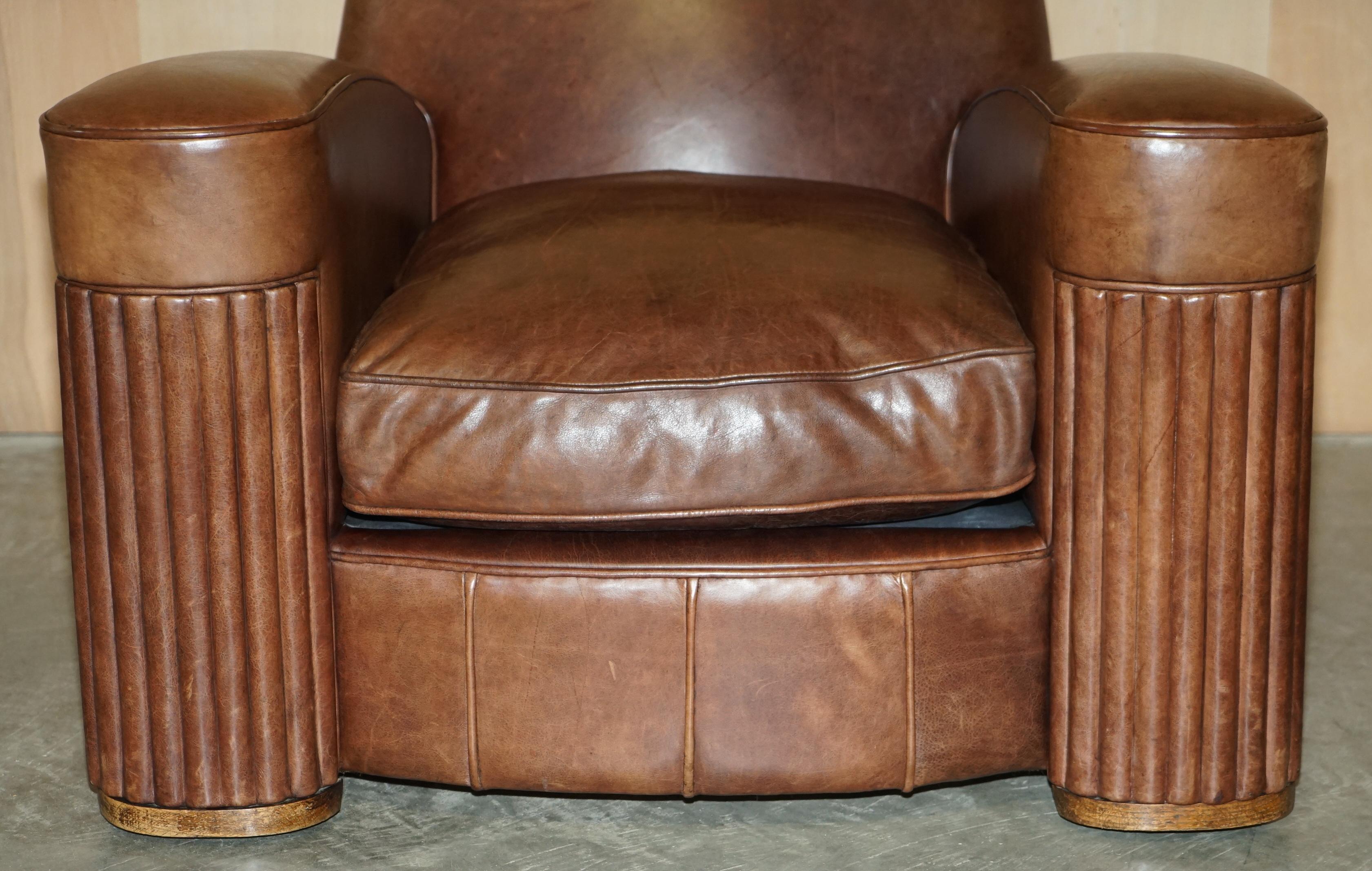 Hand-Crafted STUNNING PAIR OF ORIGINAL ART DECO HERITAGE BROWN LEATHER CIRCA 1920'S ARMCHAIRs For Sale