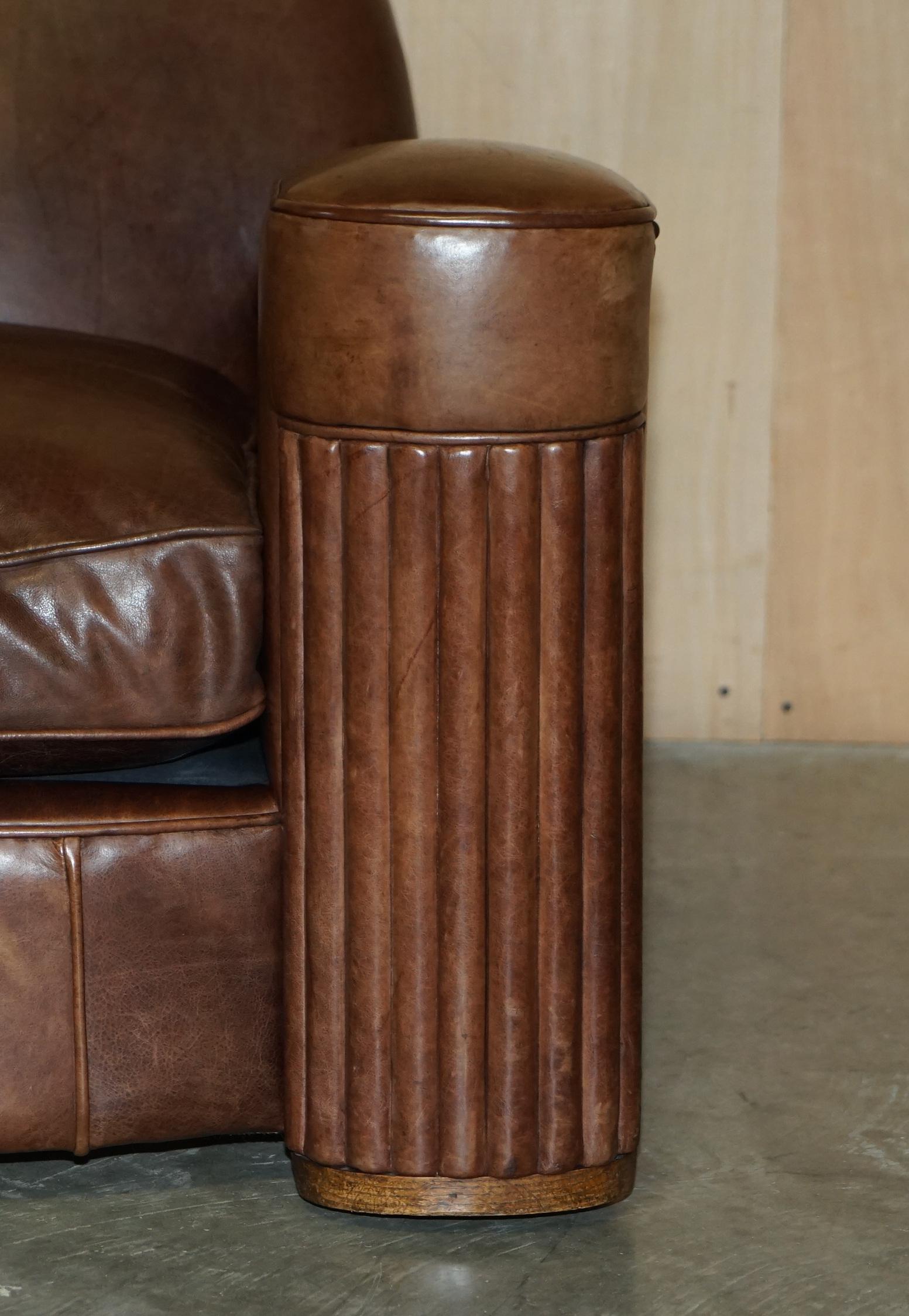 Leather STUNNING PAIR OF ORIGINAL ART DECO HERITAGE BROWN LEATHER CIRCA 1920'S ARMCHAIRs For Sale