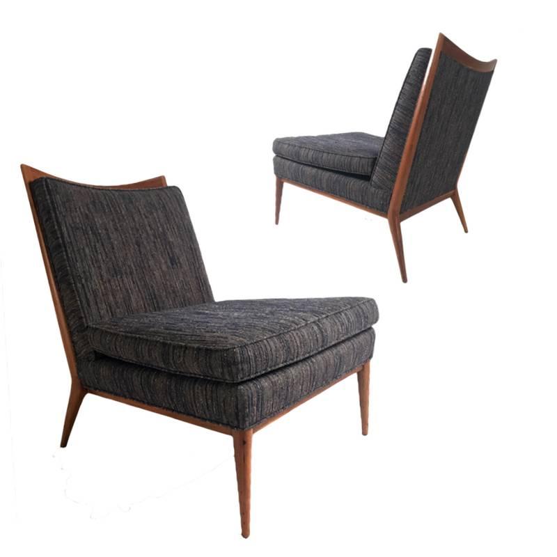 Stunning Pair of Paul McCobb Slipper Lounge Chairs with Walnut Trim