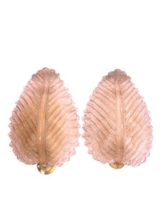 Stunning Pair of Pink Glass "Rugiodoso" Leaf Sconces by Barovier and Toso