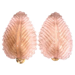 Stunning Pair of Pink Glass "Rugiodoso" Leaf Sconces by Barovier and Toso