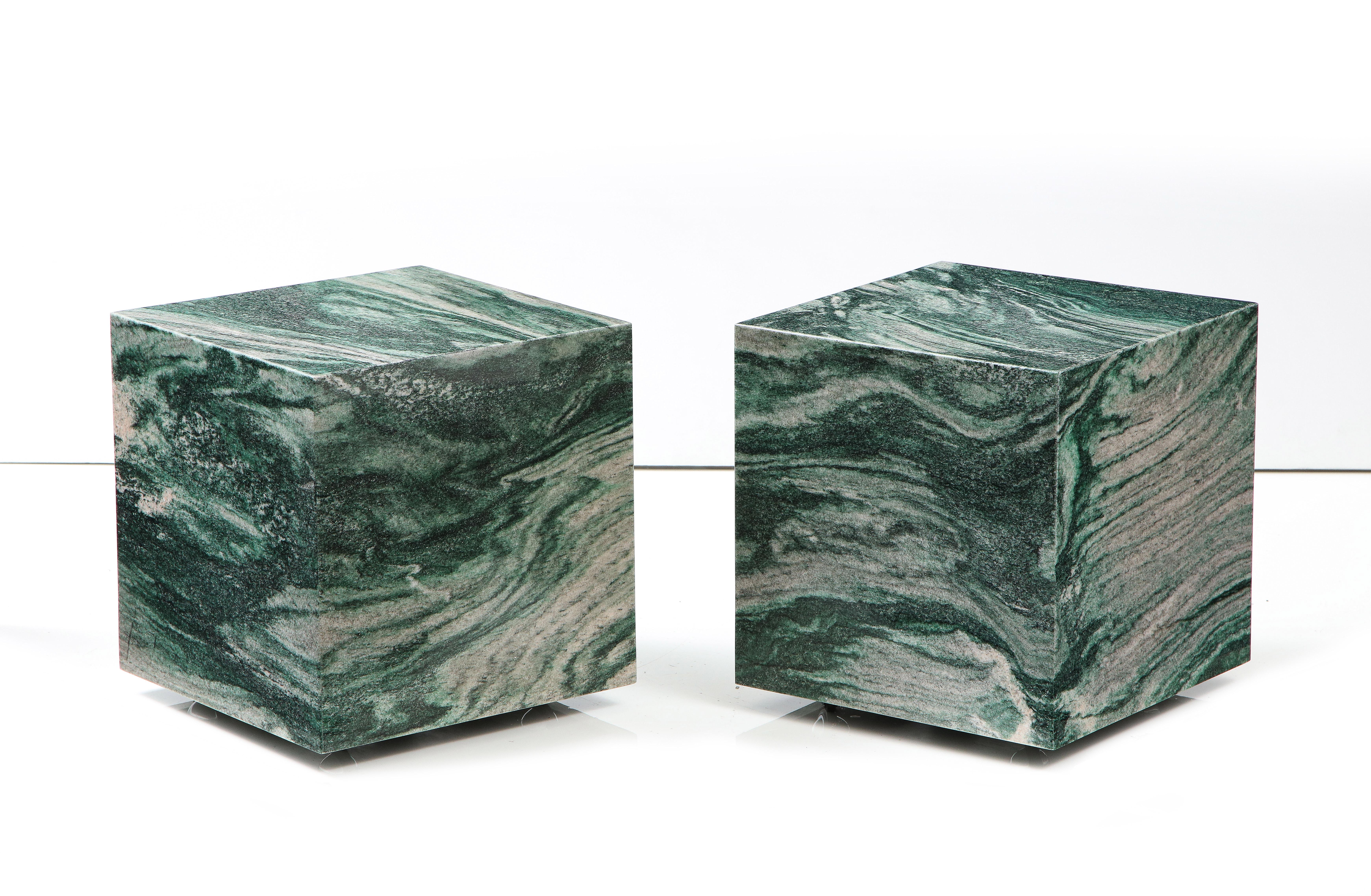 Marble Stunning Pair of Polar Verde Cube Tables For Sale